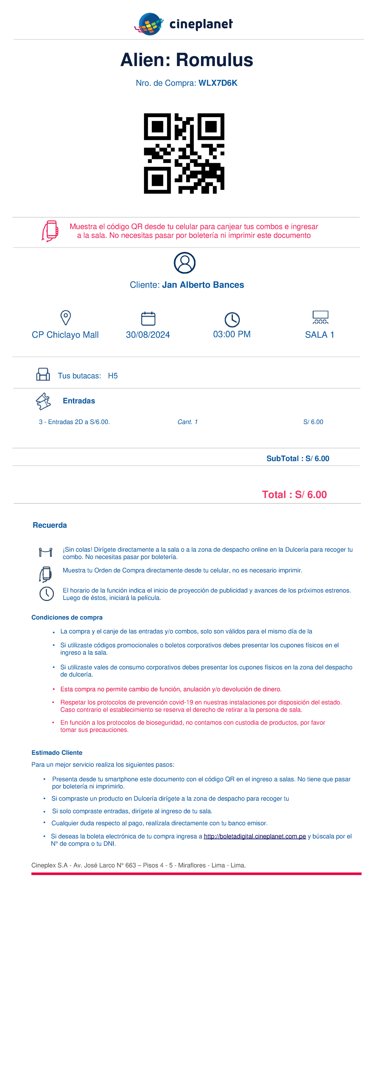 Order - Ola - Alien: Romulus Muestra el código QR desde tu celular para ...