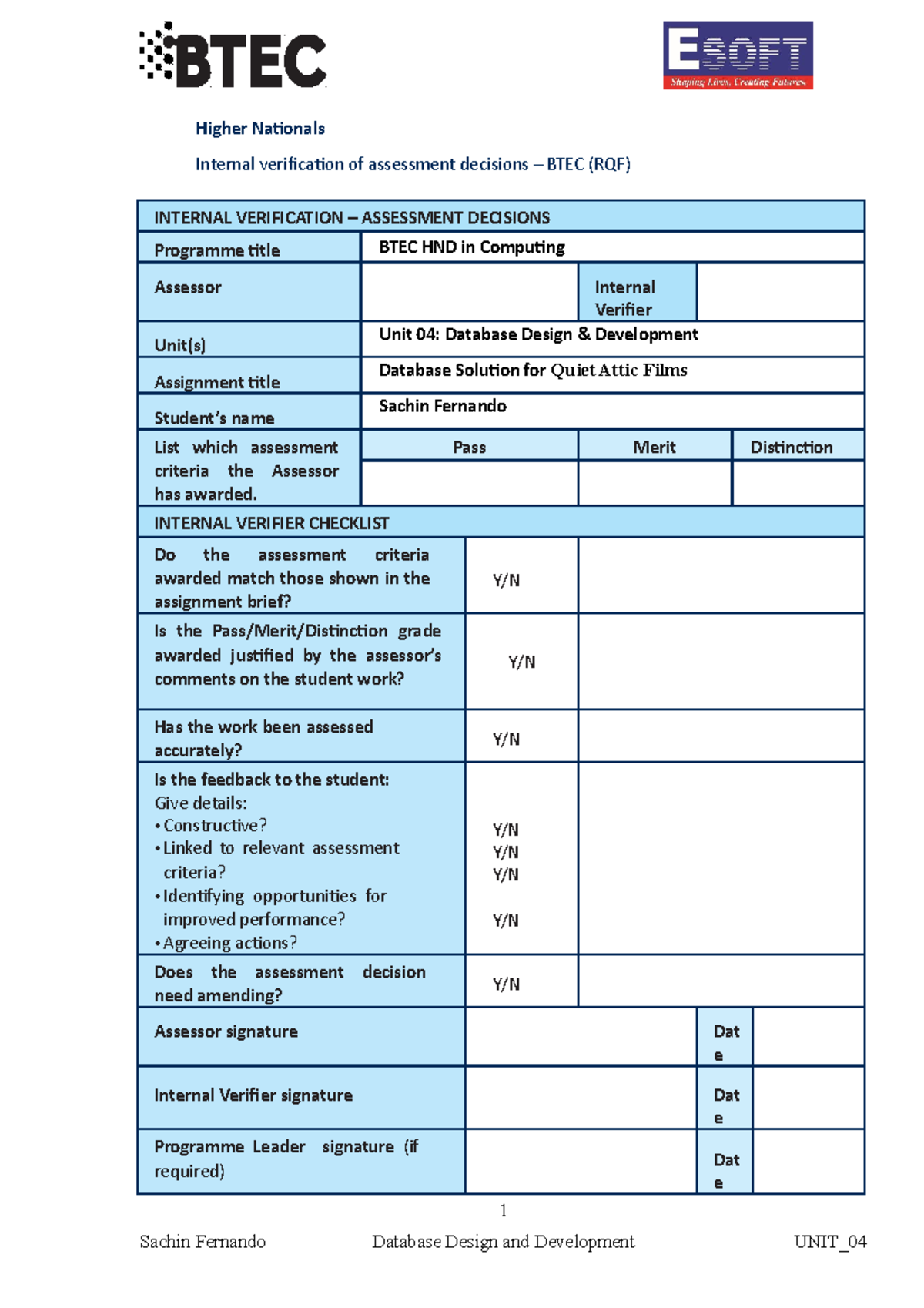 Unit 04 - Database - Higher Nationals Internal verification of ...