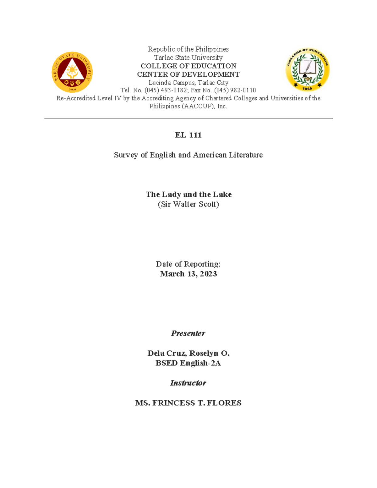 EL-111- Written- Report- Format - Republic of the Philippines Tarlac ...