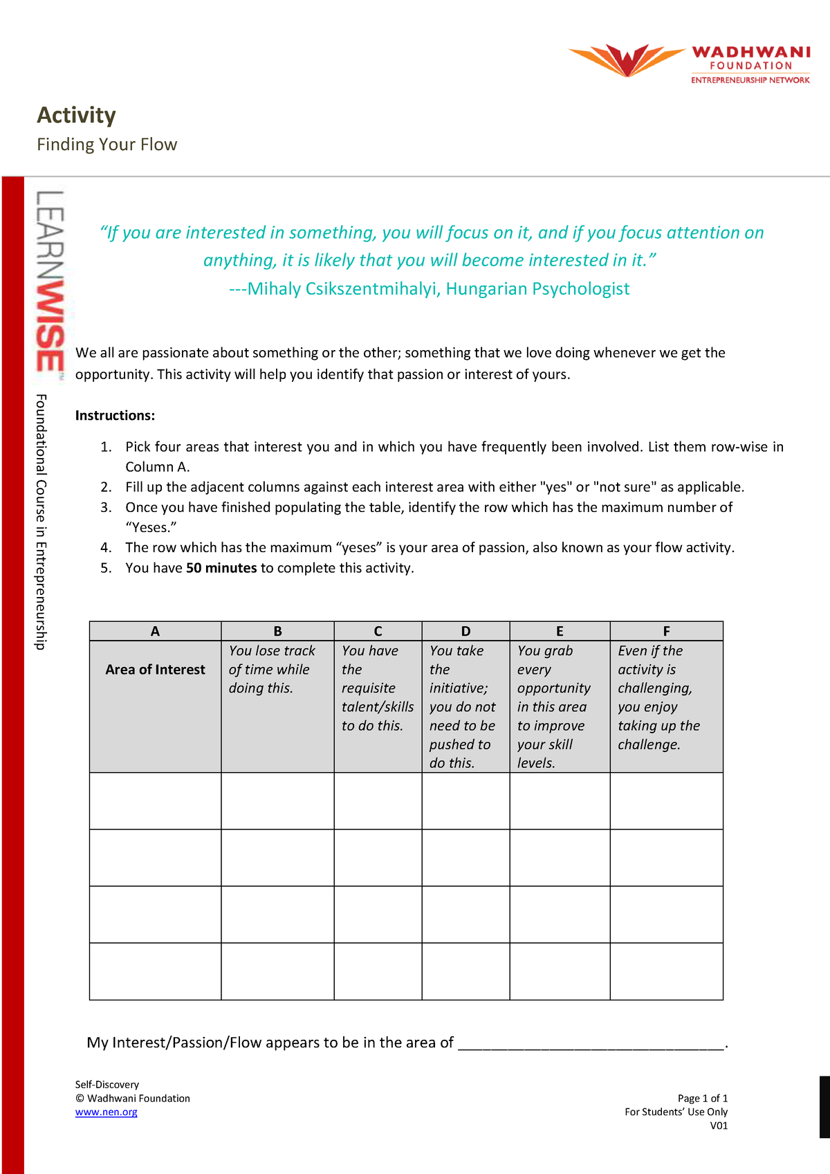 Flow Activity Self Discovery Wadhwani Foundation Page Of Nen