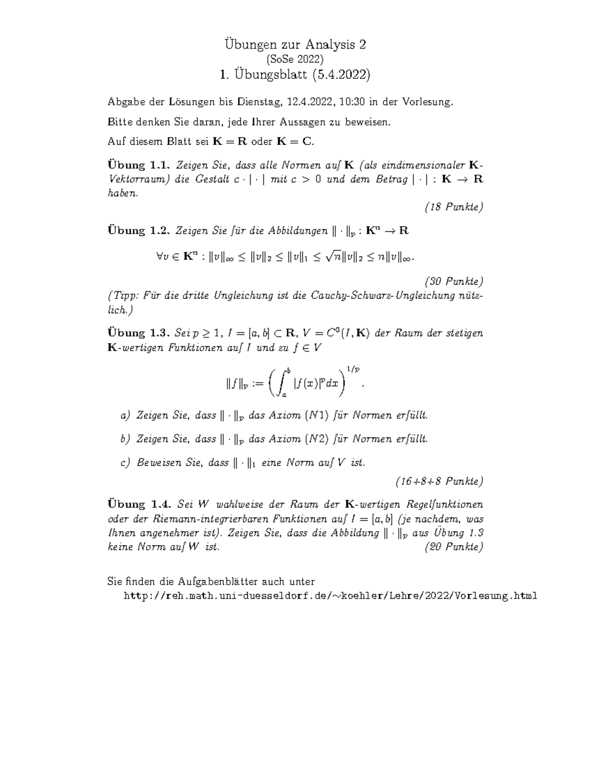 Übungsblatt Nummer 1 Mit Allen Aufgaben Ubungen Zur Analysis 2 ̈ Sose 2022 1 5 4 ̈ Abgabe