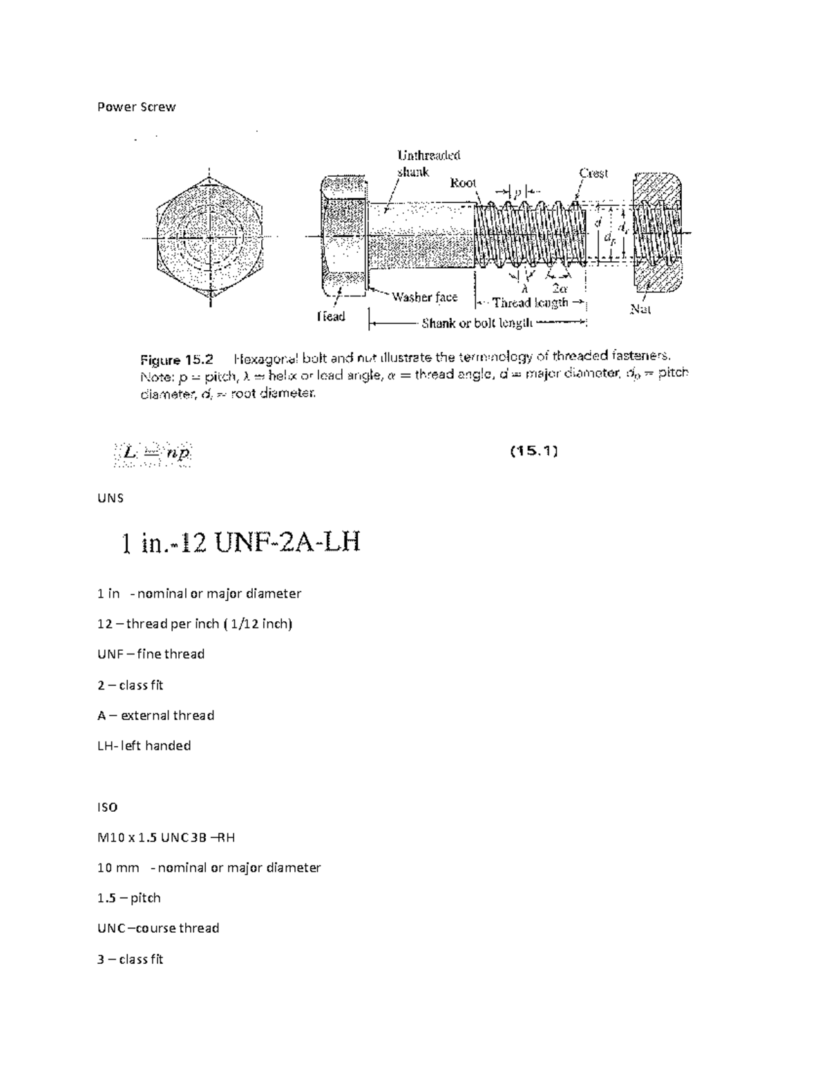 M STUD Power Screw Power Screw UNS 1 in nominal or major diameter