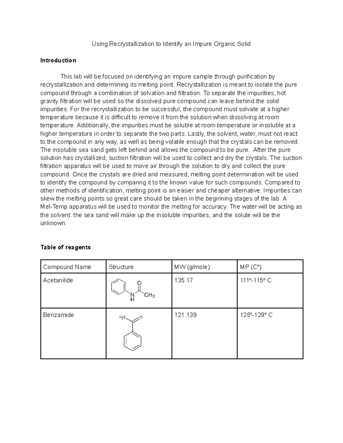 CHEM 2211L 1 Lab Report - Using Recrystallization To Identify An Impure ...