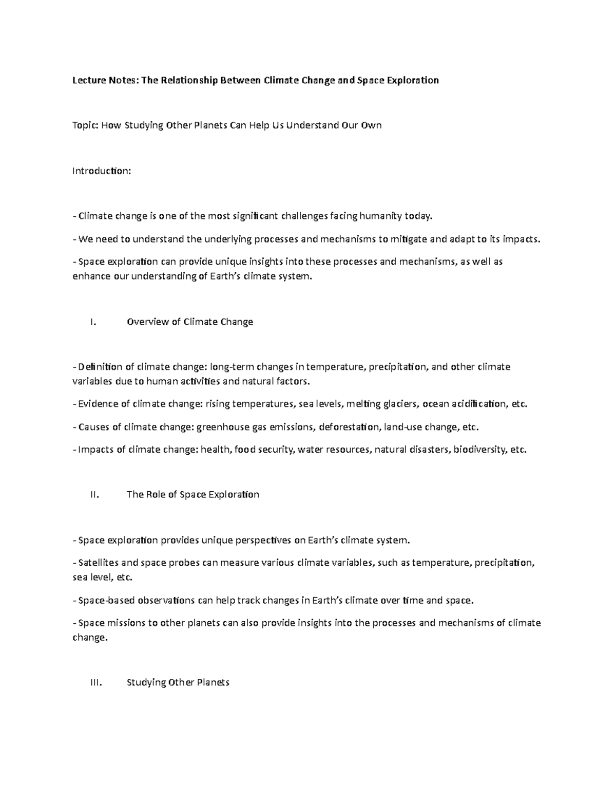 Lecture Notes: The Relationship Between Climate Change and Space ...
