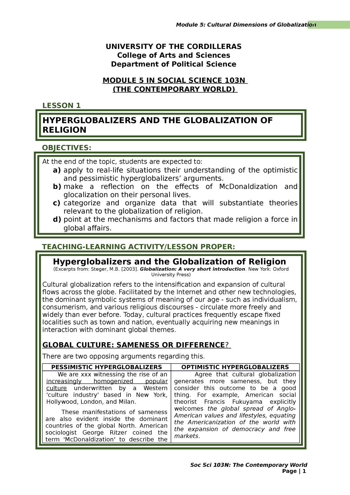 SOC SCI 103N Module 5 Lesson 1 Cultural Dimension Of Globalization ...