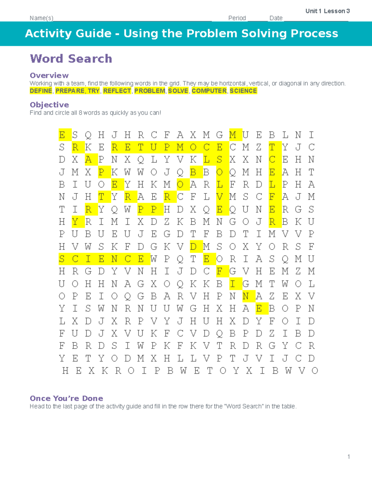 Activity Guide Using The Problem Solving Process Word Search