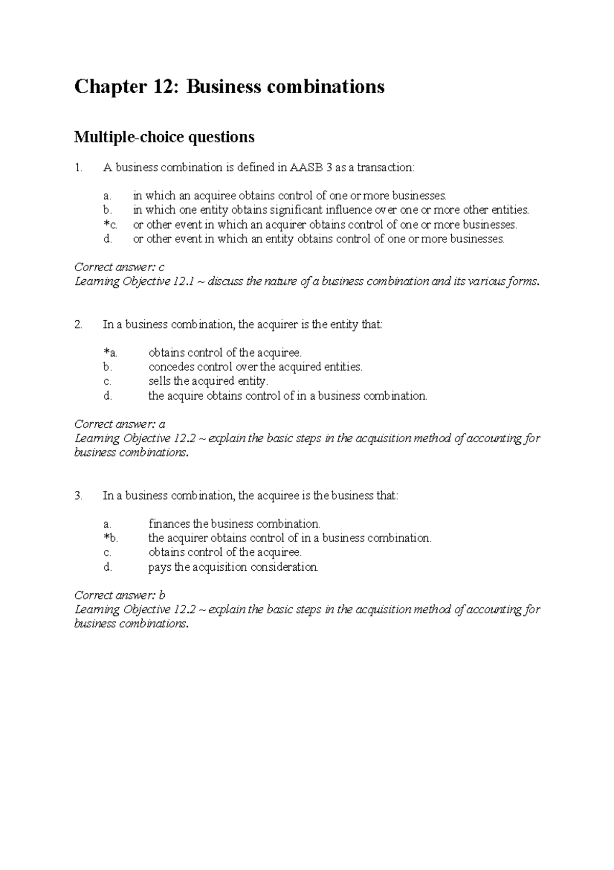 Quizz week 8 Chapter 12 Business combinations Multiplechoice