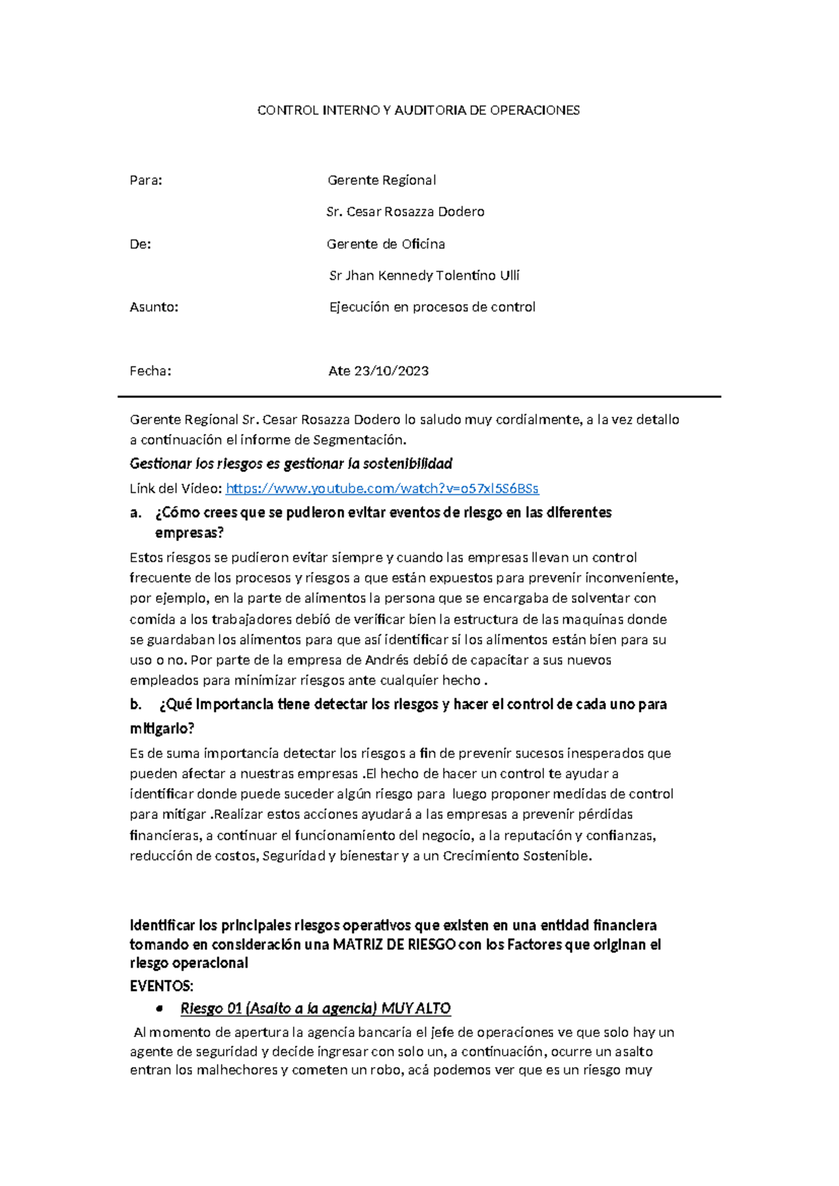 Control Interno Y Auditoria DE Operaciones Informe - CONTROL INTERNO Y ...