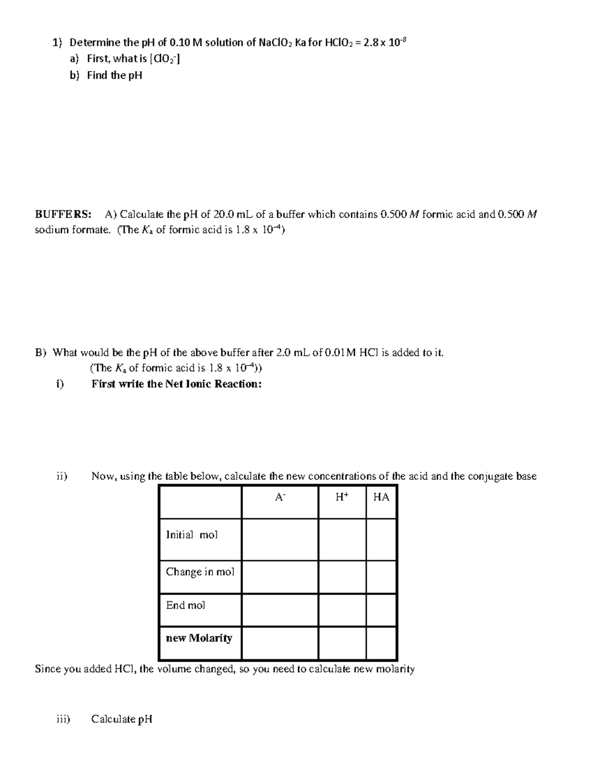 Buffer worksheet Chapter 18 02 Determine the pH of 0 M solution of