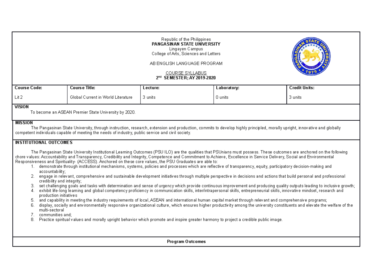 Global Current and World Literature syllabus - Life and Works of Rizal ...