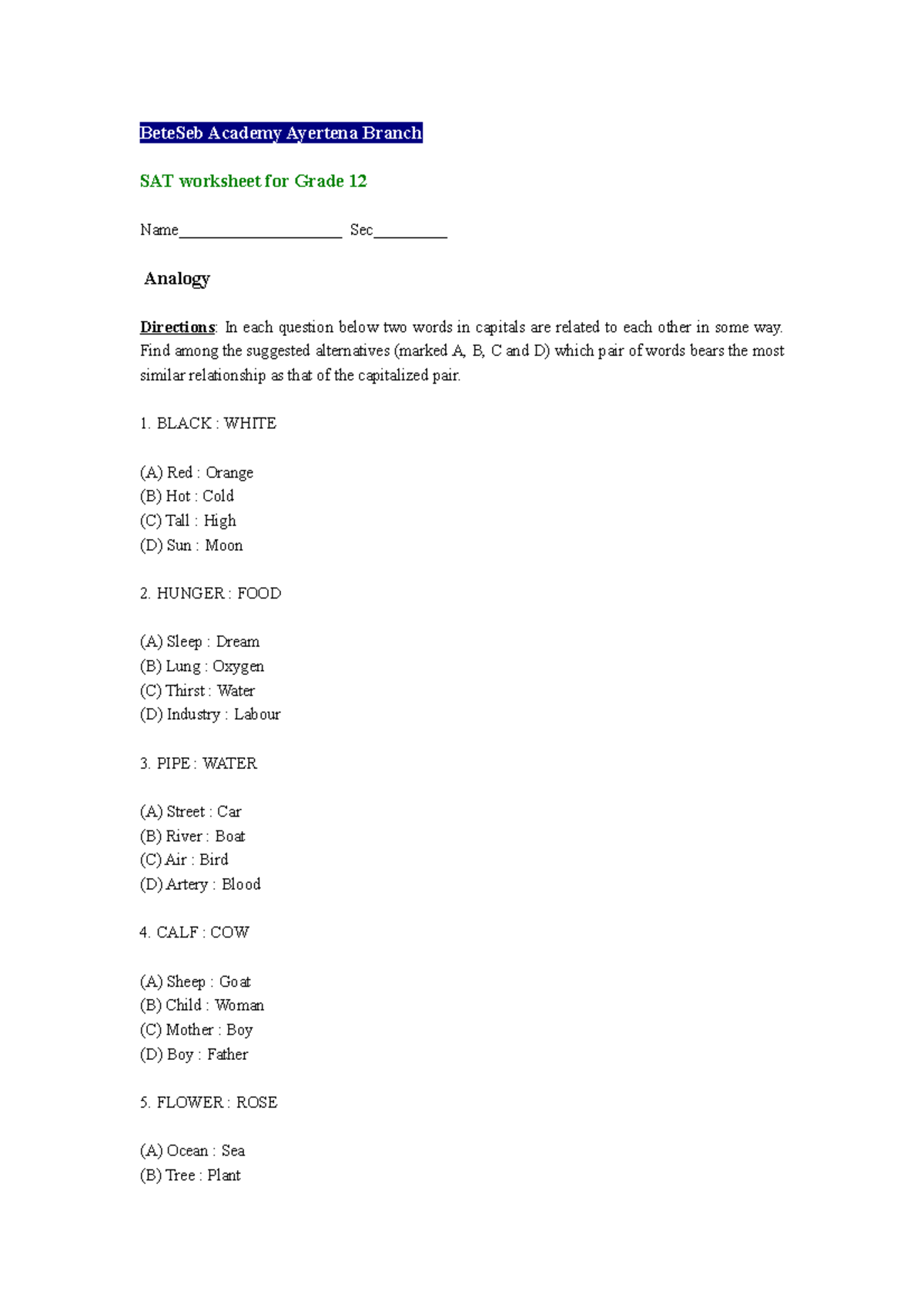 Worksheet English's - BeteSeb Academy Ayertena Branch SAT worksheet for ...