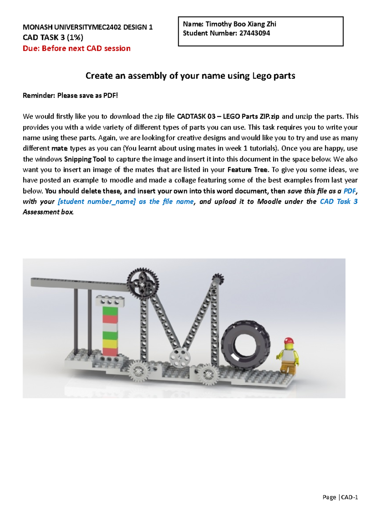 Cadtask 3 - Lego Name Assembly - W3 - MONASH UNIVERSITYMEC2402 DESIGN 1 ...