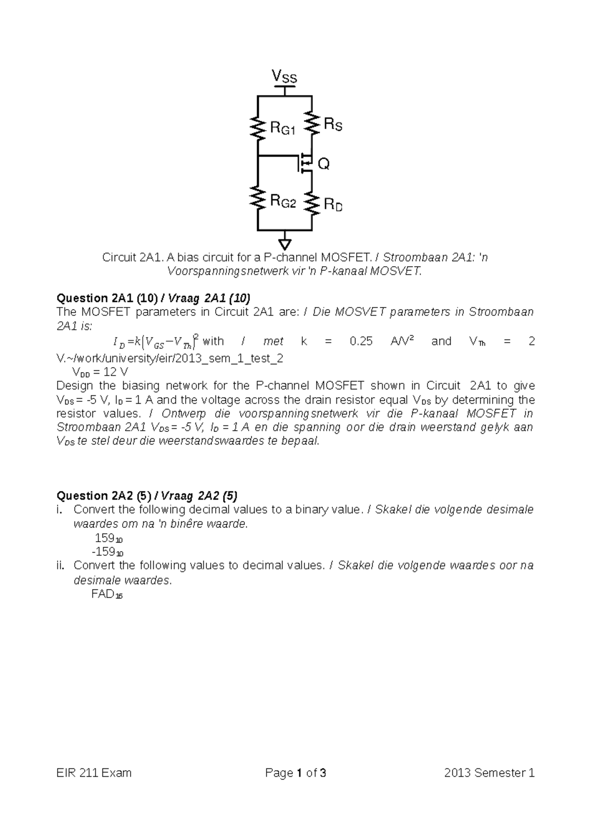 EIR211 Exam 2013 SUP - Supplementary Exam - Circuit 2A1. A bias circuit ...
