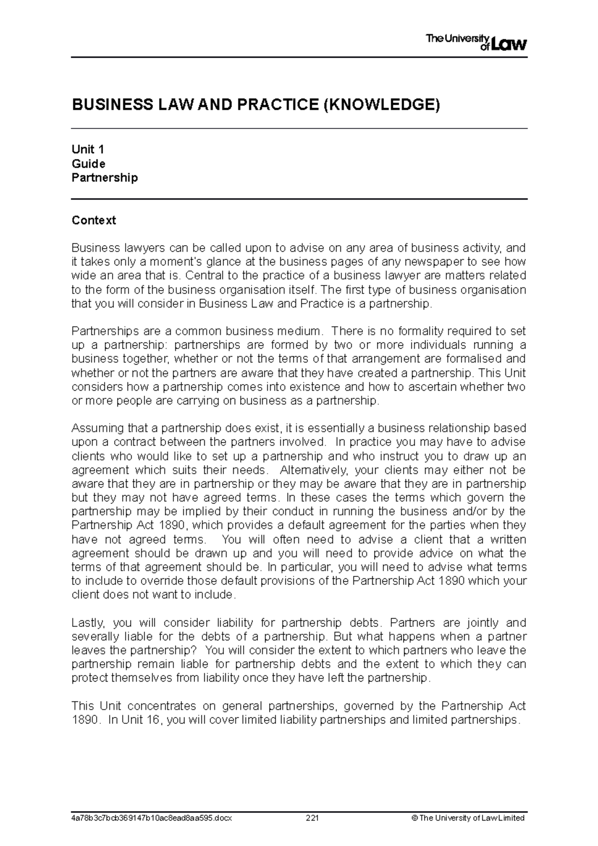 2223 blp ws01 ce01 guide - BUSINESS LAW AND PRACTICE (KNOWLEDGE) Unit 1 ...