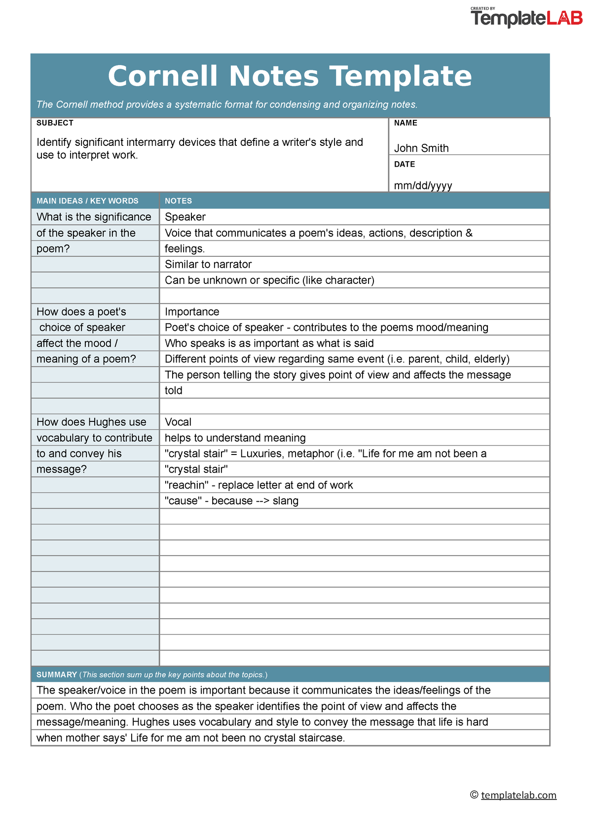 cornell notes template history