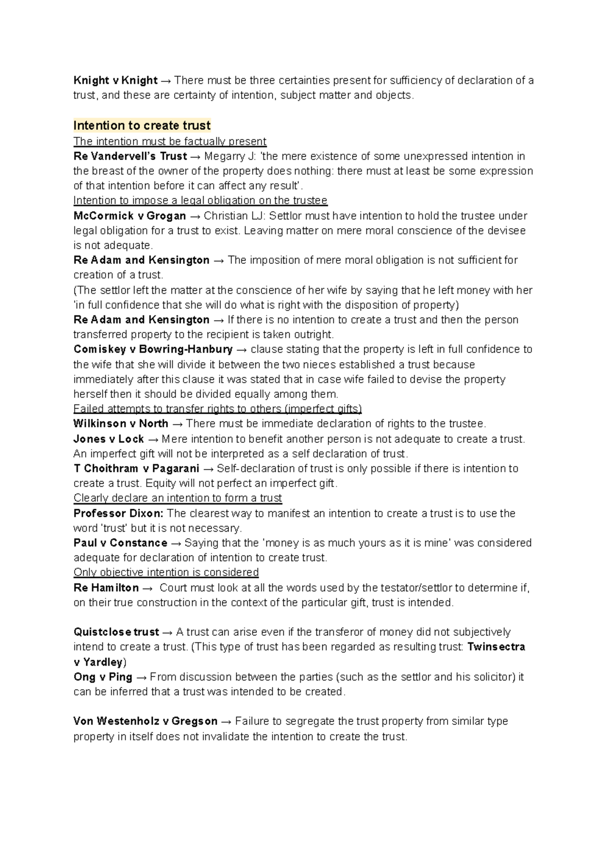 Declaration of trust - The University of London LLB notes - Knight v ...