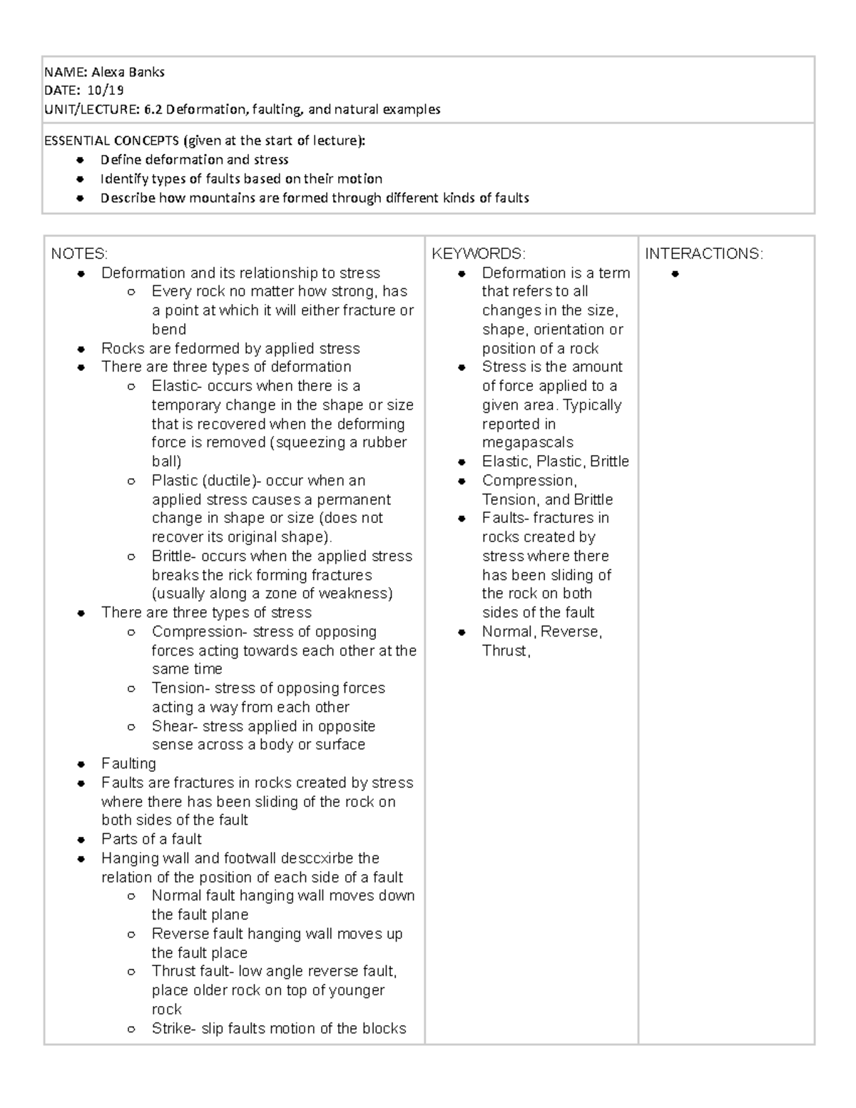 6.2 3Column Notes Unit 6.2 Define deformation and stress
