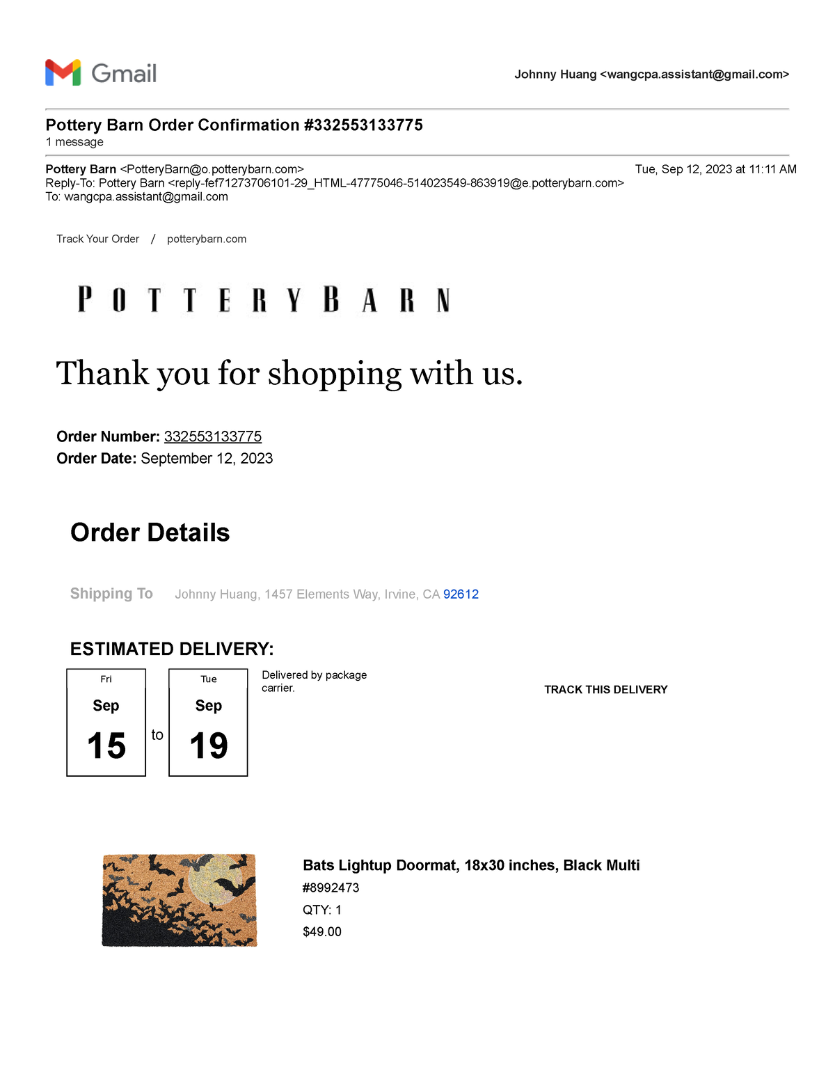 Pottery Barn 66 fea3 Johnny Huang Pottery Barn Order Confirmation