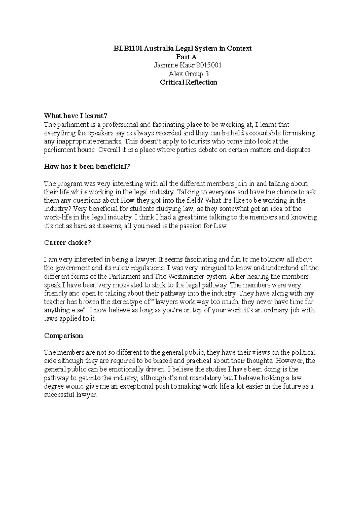 Critical Reflection and Legal Reasoning - BLB1101 Australia Legal ...