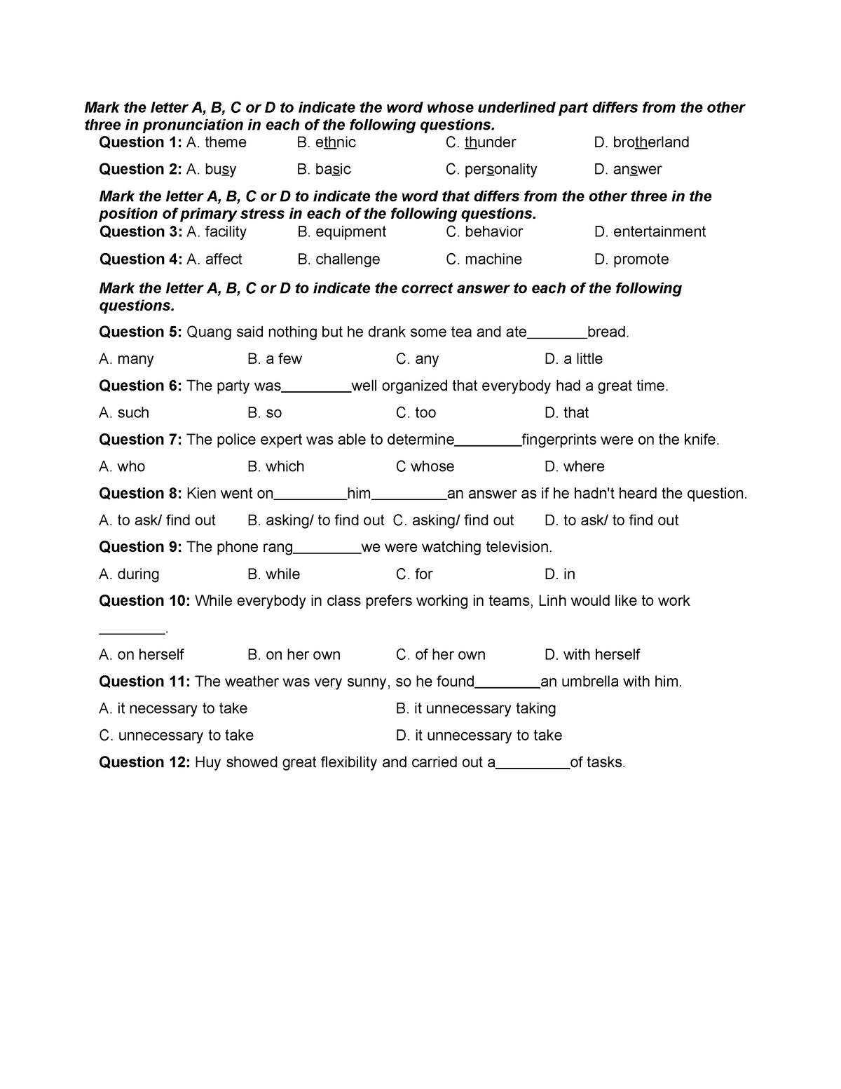 ĐỀ THI 1 - Test 1 - Mark The Letter A, B, C Or D To Indicate The Word ...