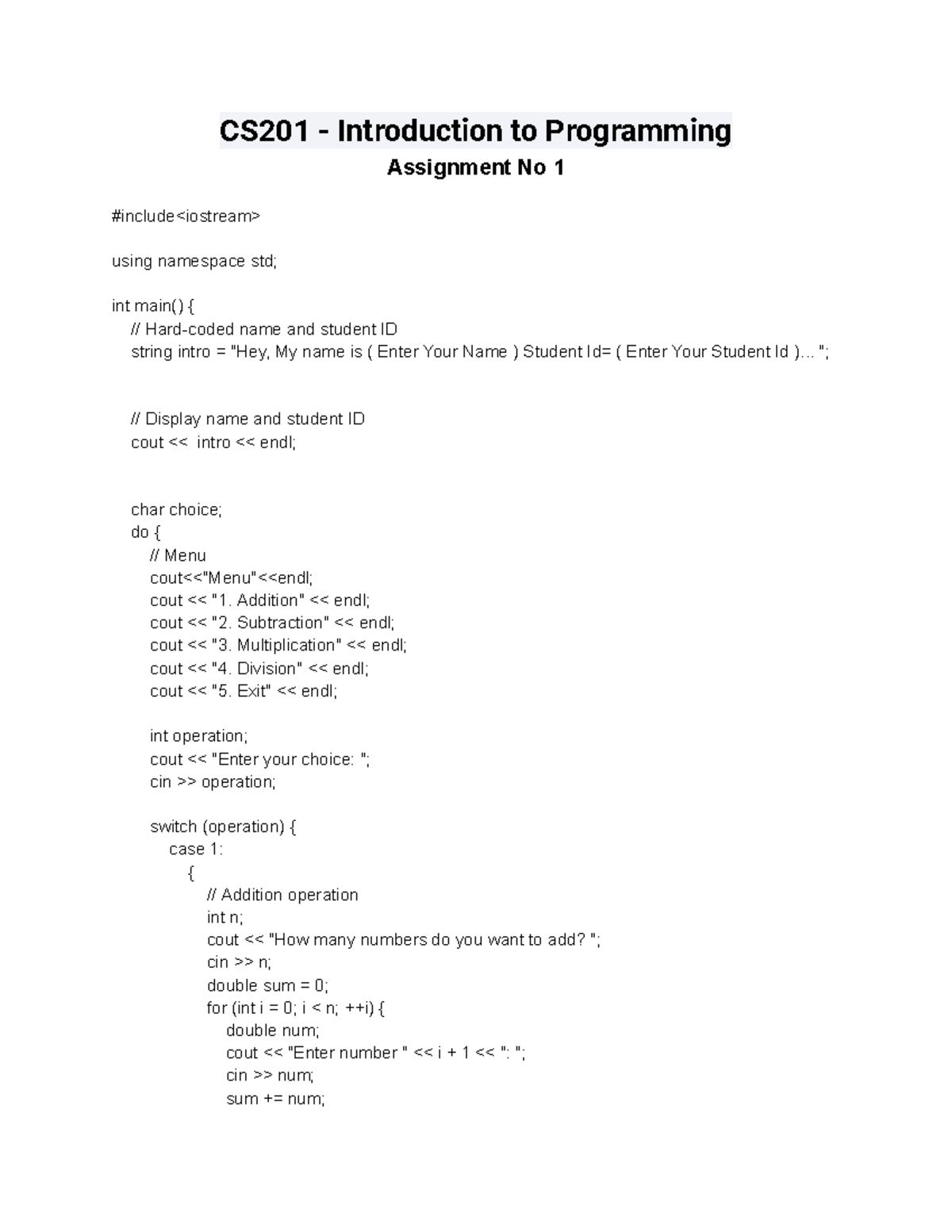 CS201 - Introduction To Programming Assignment No 1 - CS201 ...