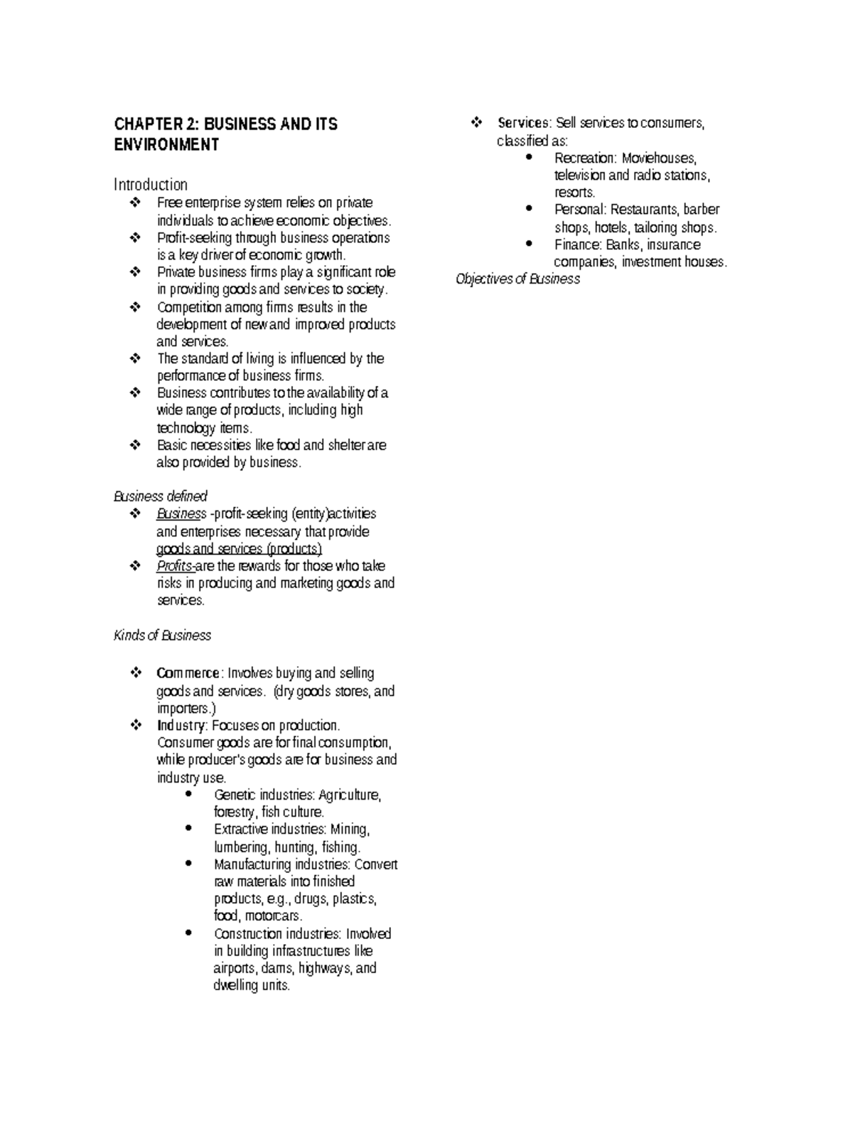 Chapter 2 Notes - CHAPTER 2: BUSINESS AND ITS ENVIRONMENT Introduction ...