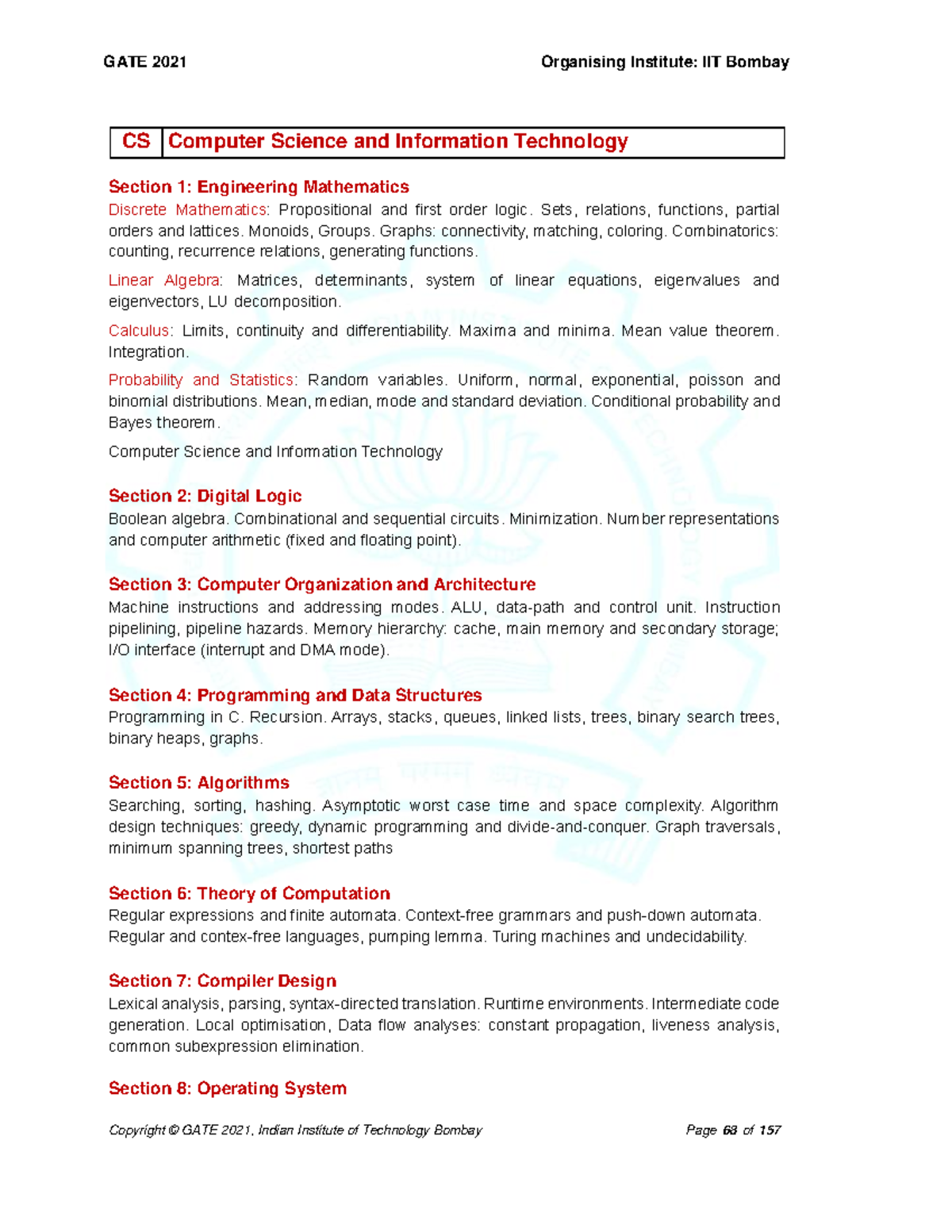 Cse gate latest syllabus GATE 2021 Organising Institute IIT Bombay
