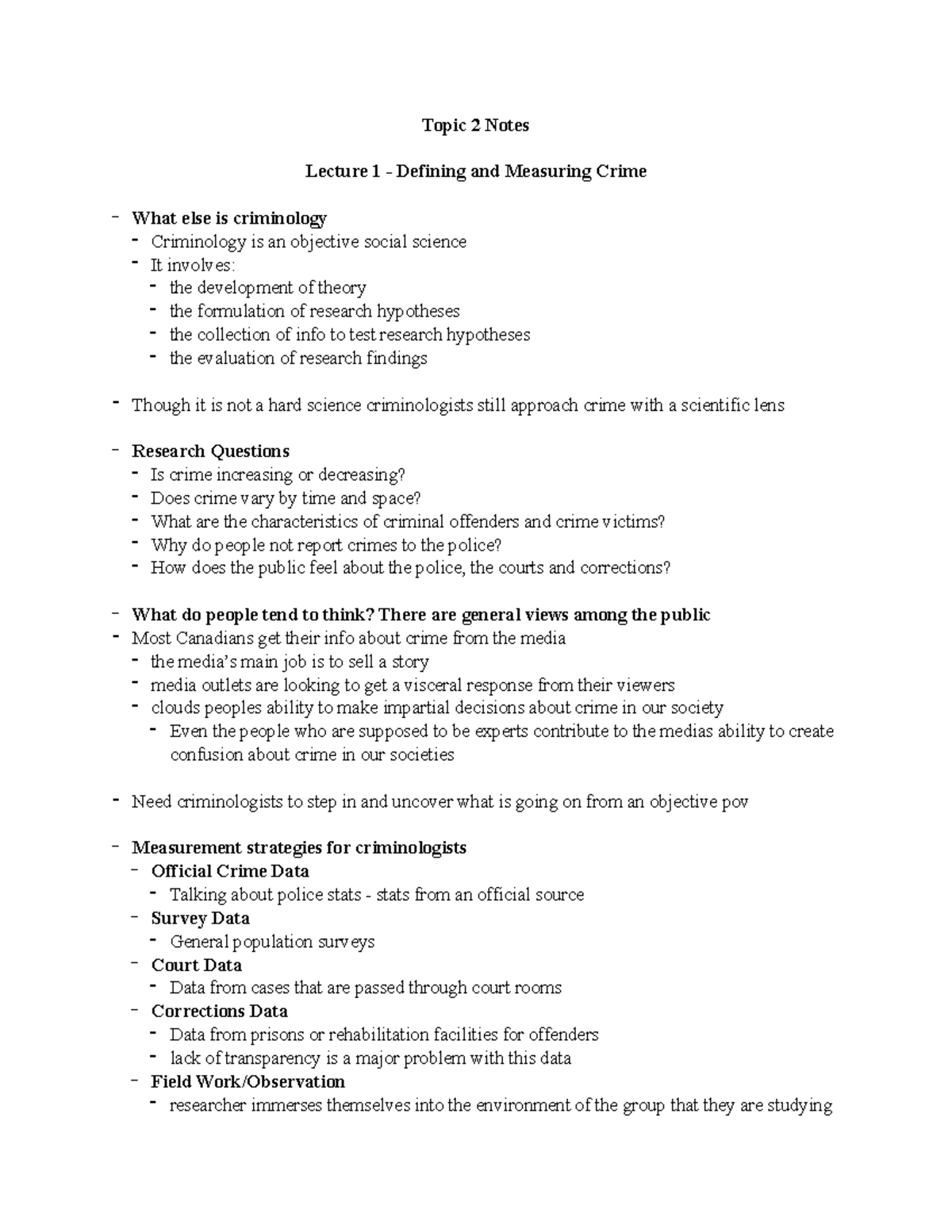 Topic 2 Notes - Topic 2 Notes Lecture 1 - Defining and Measuring Crime ...