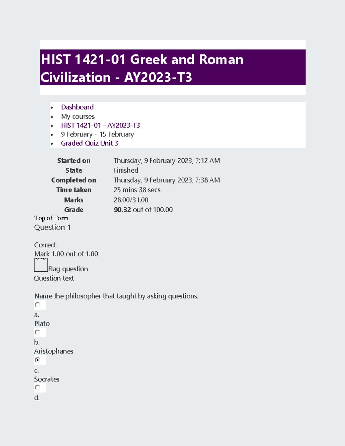 Graded Quiz Unit 3 Attempt Review - HIST 1421-01 Greek And Roman ...