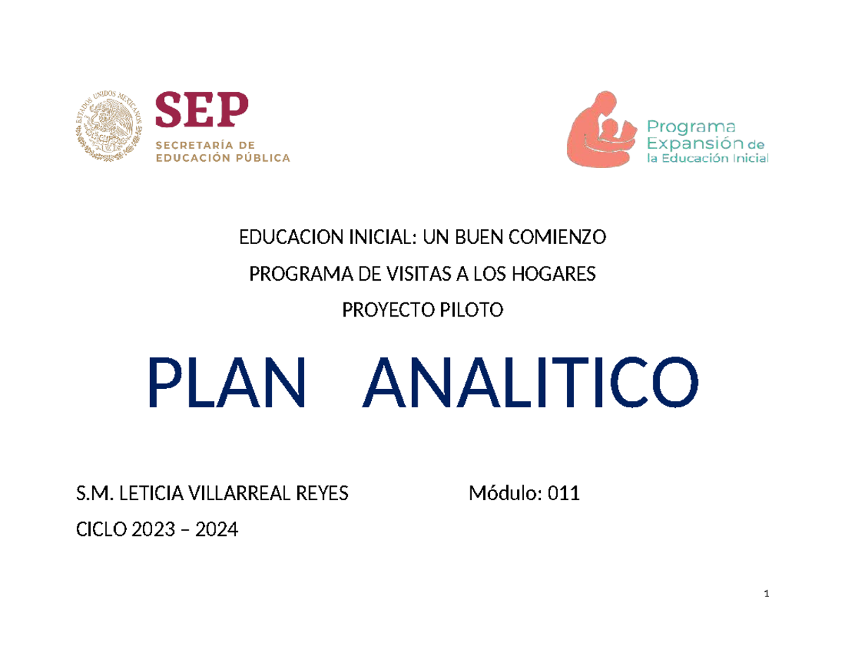 Plan analítico 2023 Módulo 011 Visitas Hogares - EDUCACION INICIAL: UN