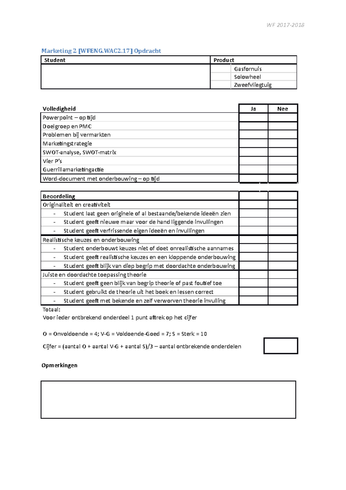 Marketing 2 Beoordelingsformulier Blanco Studeersnel