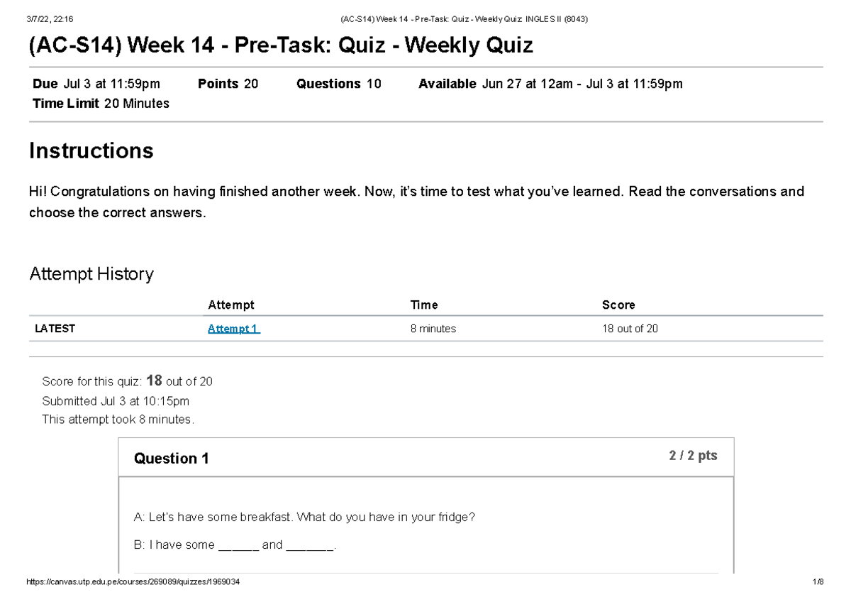 (AC-S14) Week 14 - Pre-Task Quiz - Weekly Quiz Ingles II (8043) - (AC ...