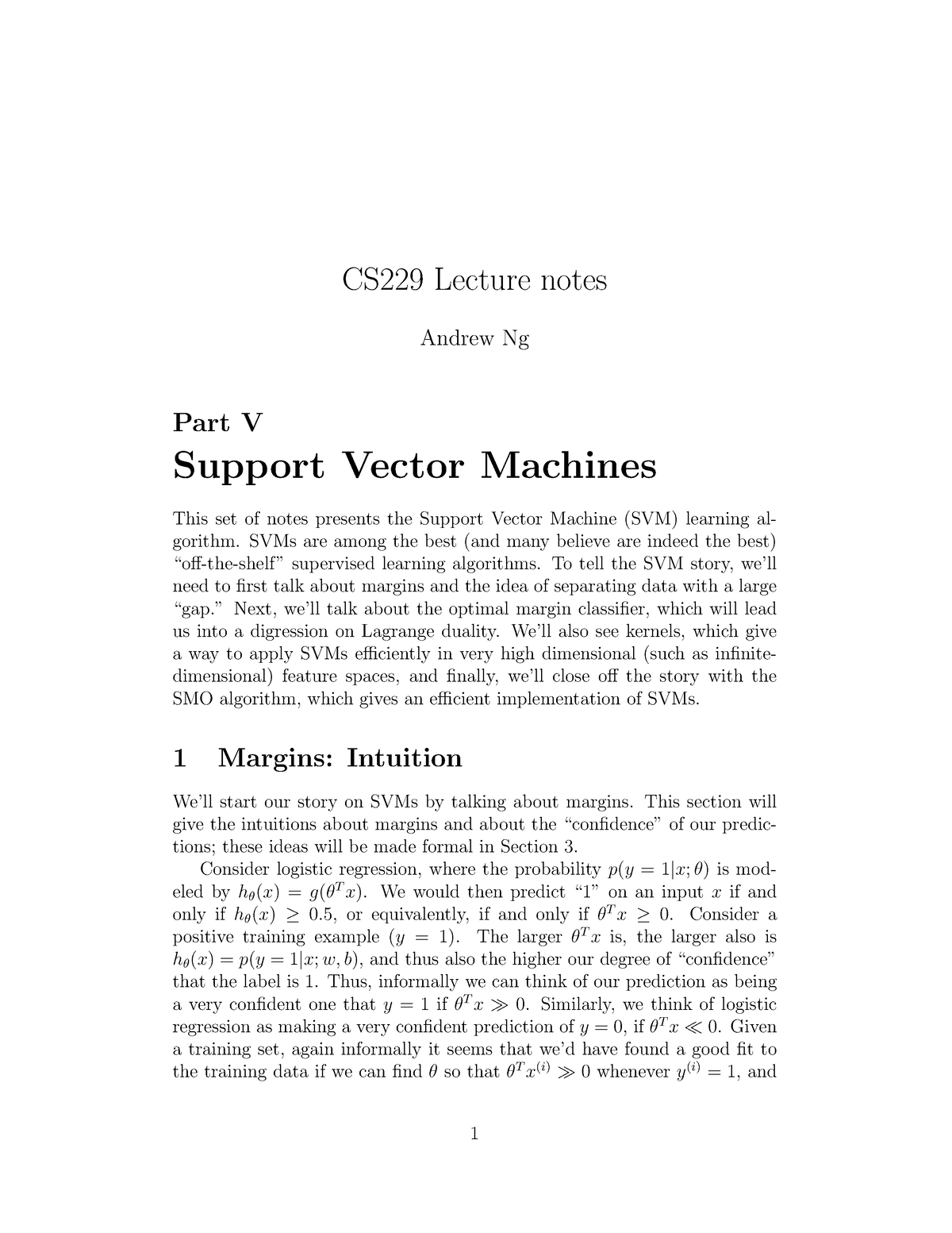 Cs229-notes 3 - Notes - CS229 Lecture Notes Andrew Ng Part V Support ...