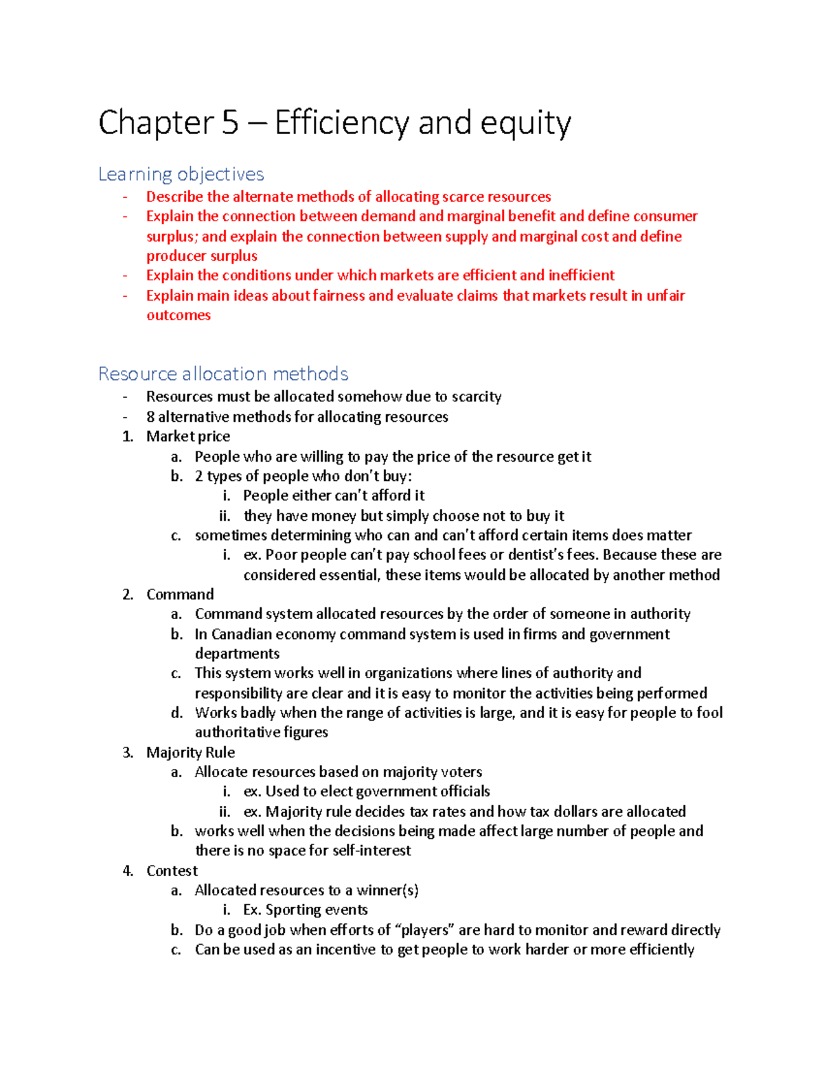 Econ chapter 5 notes - Chapter 5 – Efficiency and equity Learning ...