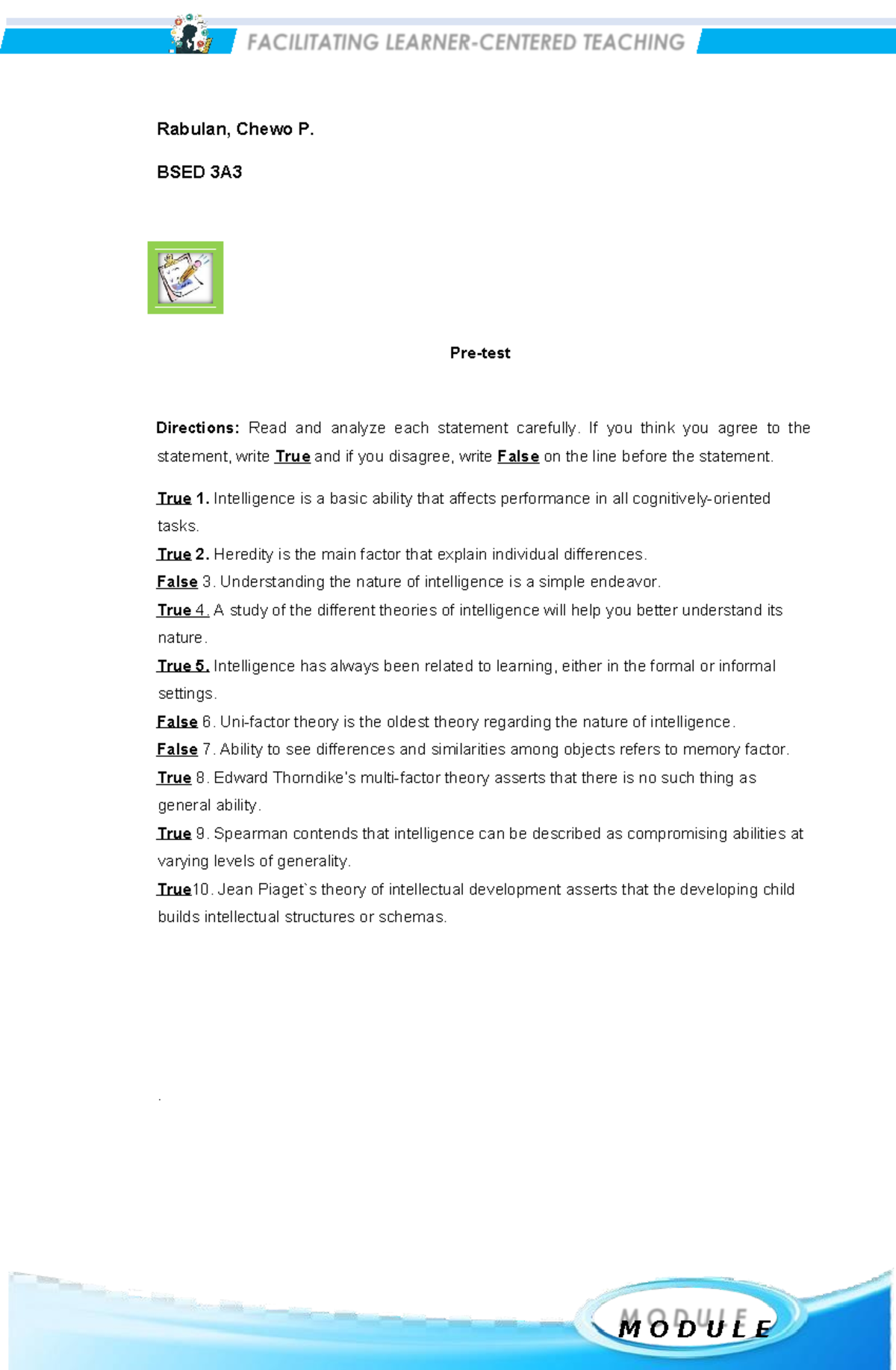 FLCT-Module%208 - Rabulan, Chewo P. BSED 3A Pre-test Directions: Read ...