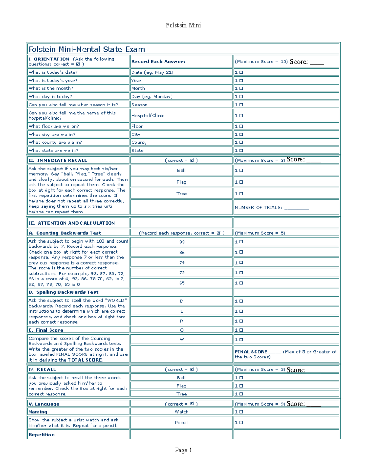 Folstein Mini - Folstein Mini Folstein Mini-Mental State Exam I ...