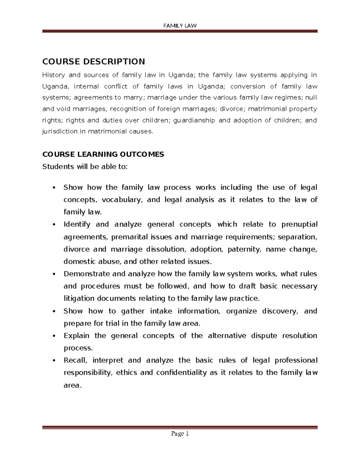 Family LAW 1 Notes - COURSE DESCRIPTION History and sources of family ...