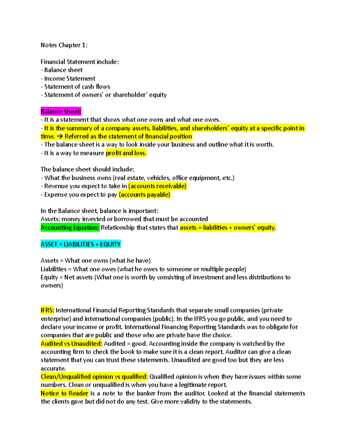 Chapter 1 full notes - Notes Chapter 1: Financial Statement include ...