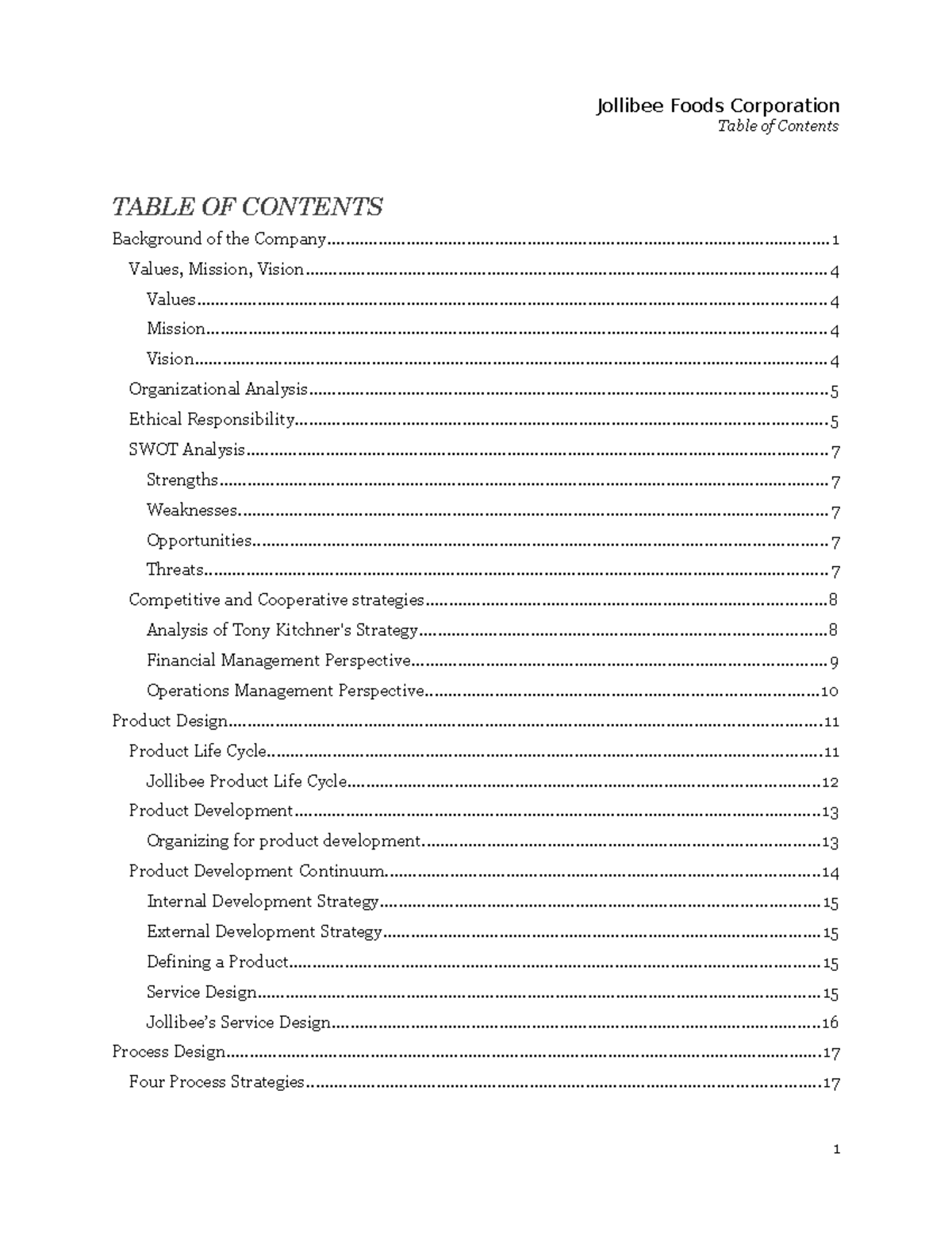 table of contents for case study