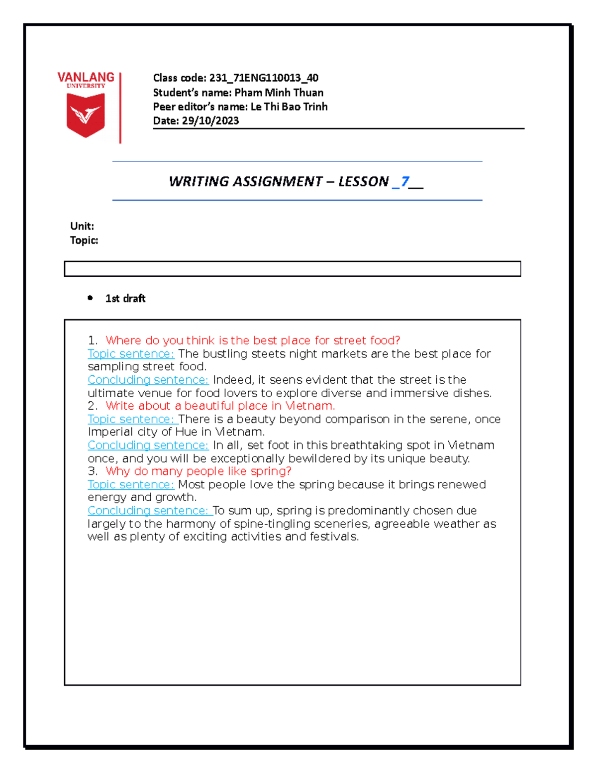 Writing Assignment 1 Unit 1 Lesson 3 Class Code 231 71eng110013 Student S Name Pham Minh Writing Assignment 1 Unit 1 Lesson 3 Class Code 231 71eng110013 Student S Name Pham Minh