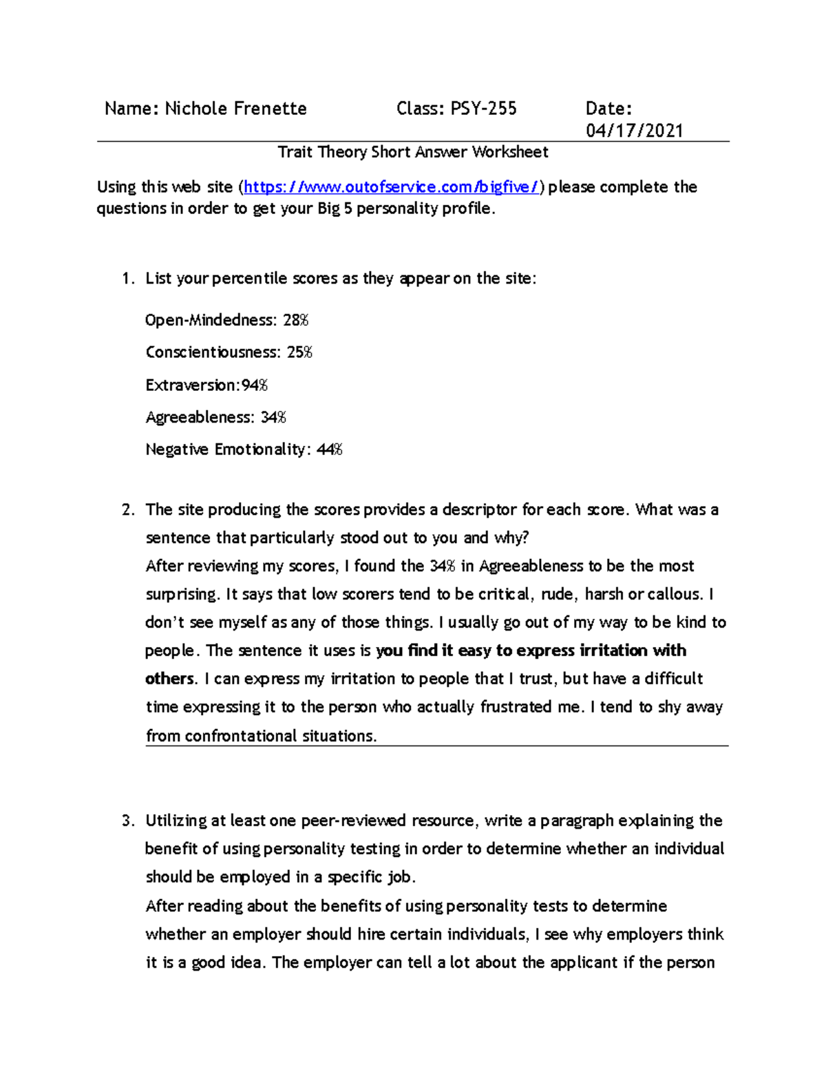 PSY-255-Trait-Theory-Short-Answer-Worksheet-2 Complete - Name: Nichole ...