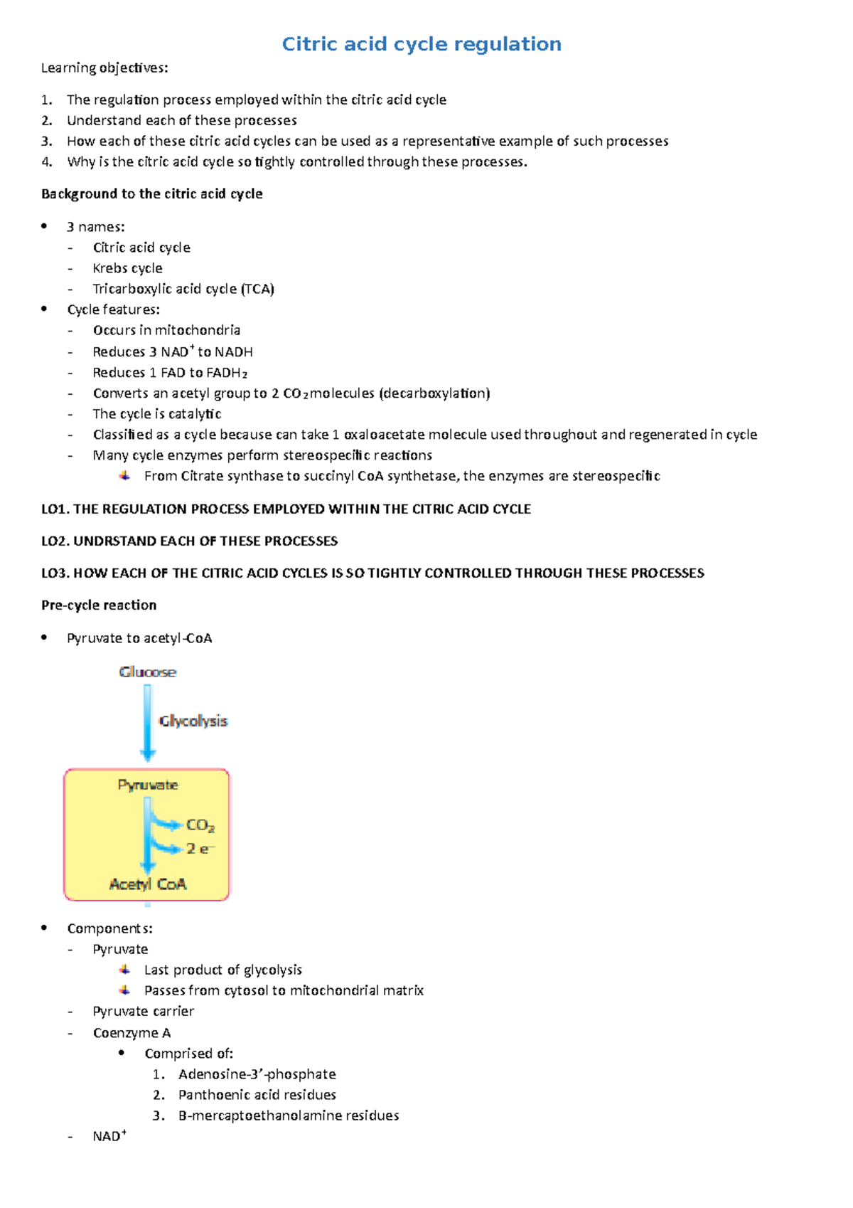13. Lecture 10 Notes - Citric acid cycle regulation Learning objecives ...