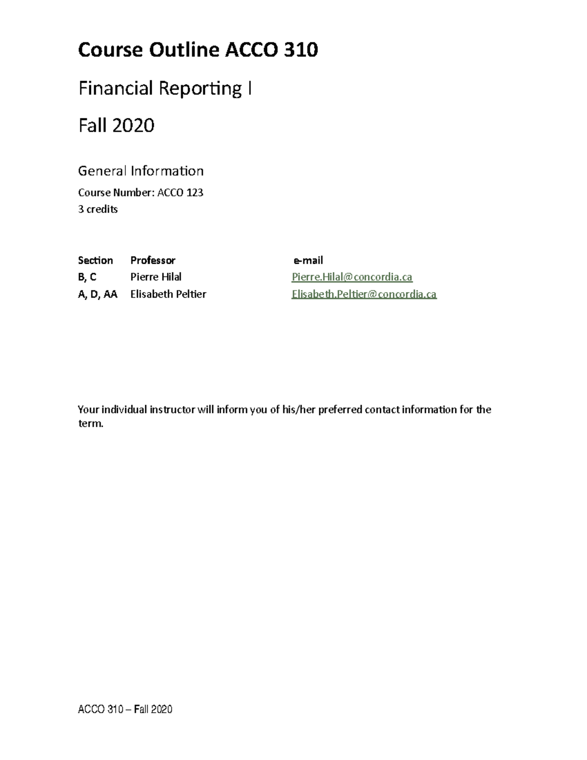 Course Outline ACCO 310 Fall 2020 Final - Course Outline ACCO 310 ...