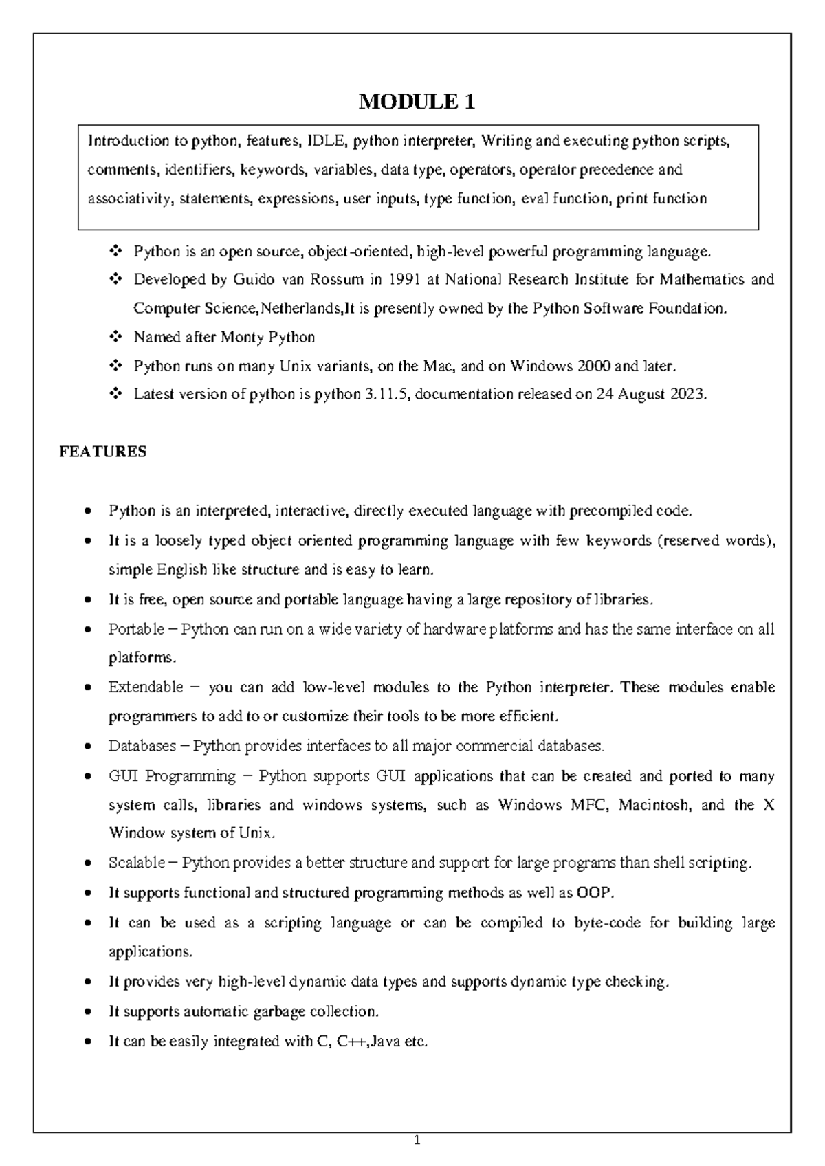 Python 1 - module 1 - MODULE 1 Python is an open source, object ...
