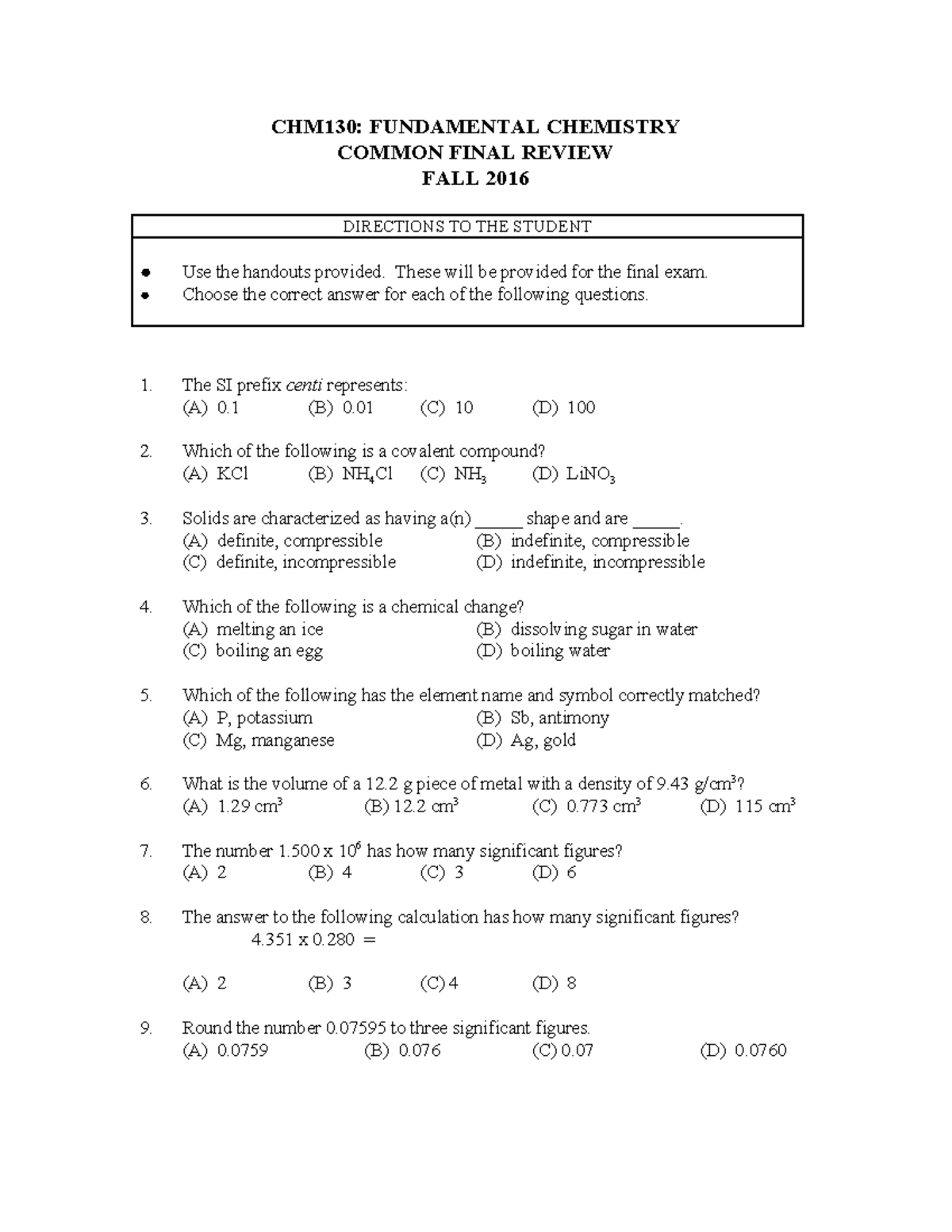 CHM130 Common Final Review - CHM130: FUNDAMENTAL CHEMISTRY COMMON FINAL ...