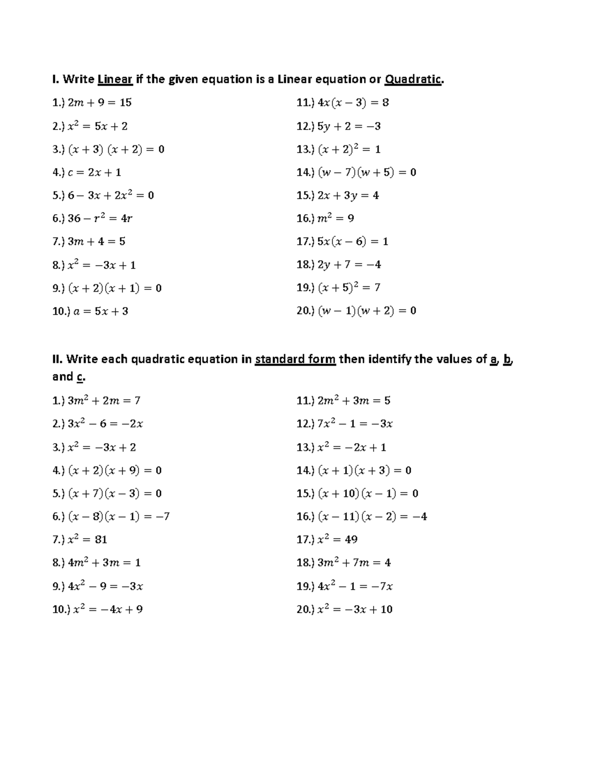 368257049 Math Quadratic Equations Worksheet - I. Write Linear If The 