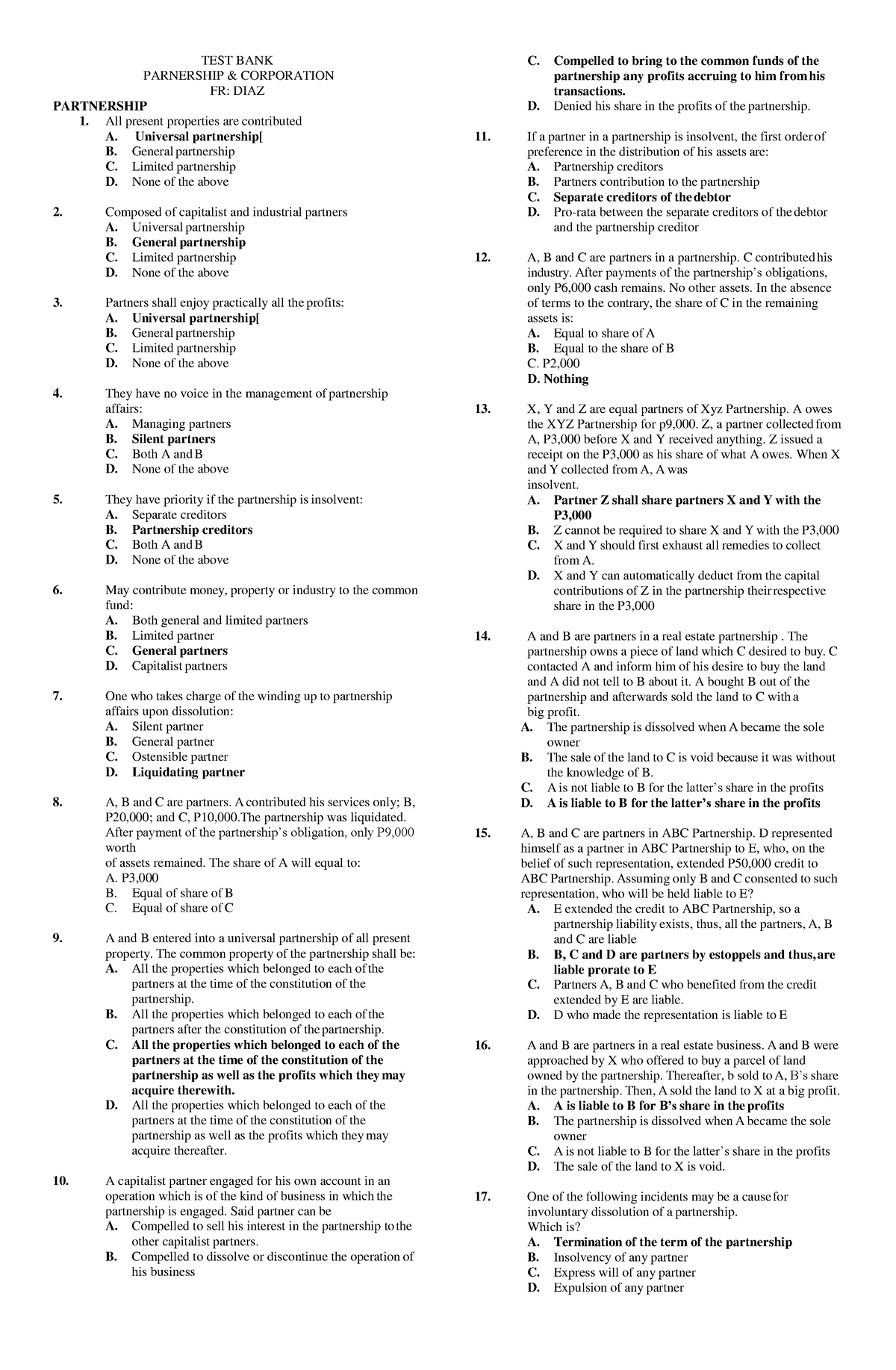 326099105 Test Bank Law 2 Diaz - Test Bank Parnership & Corporation Fr 