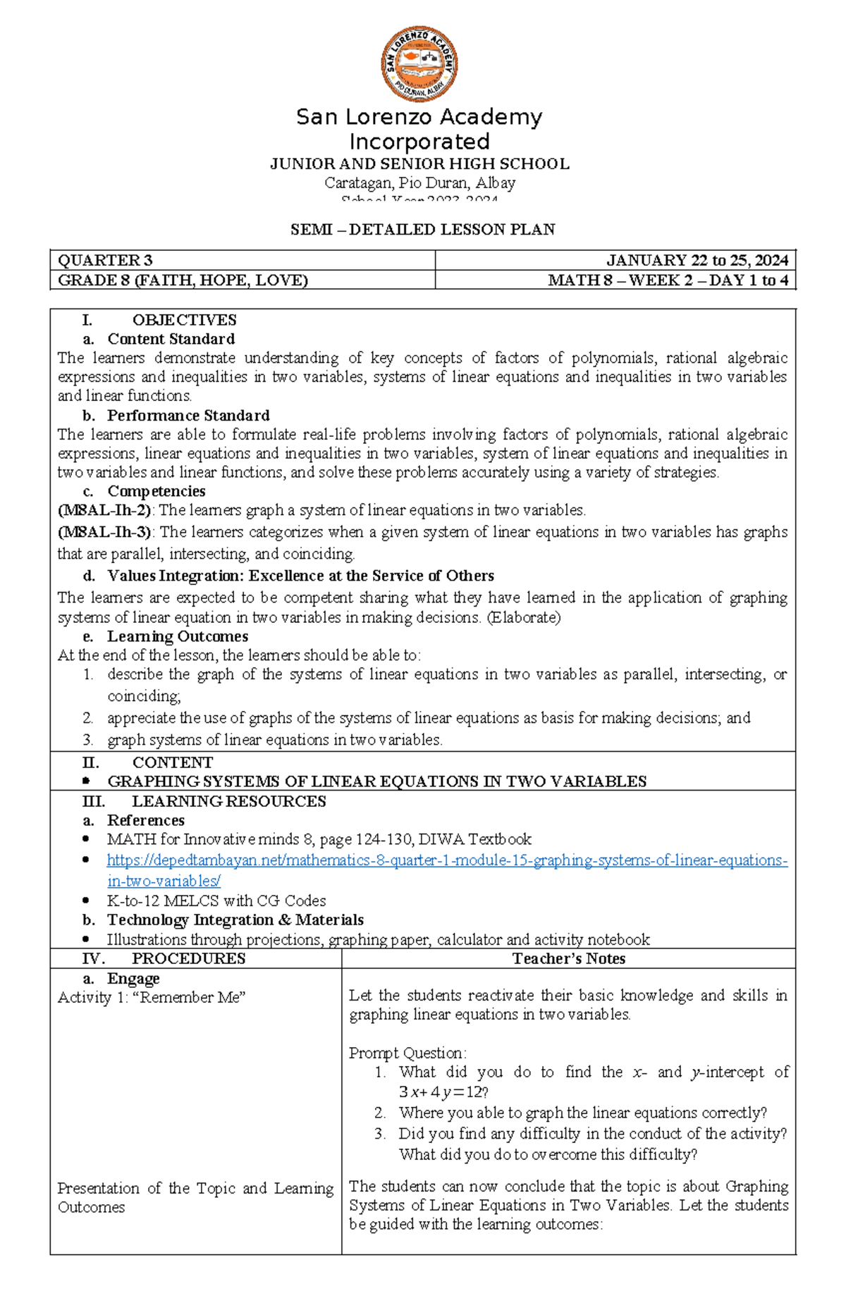 MATH 8-WEEK 2-DAY 1 to 4-Q3 - SEMI – DETAILED LESSON PLAN QUARTER 3 ...
