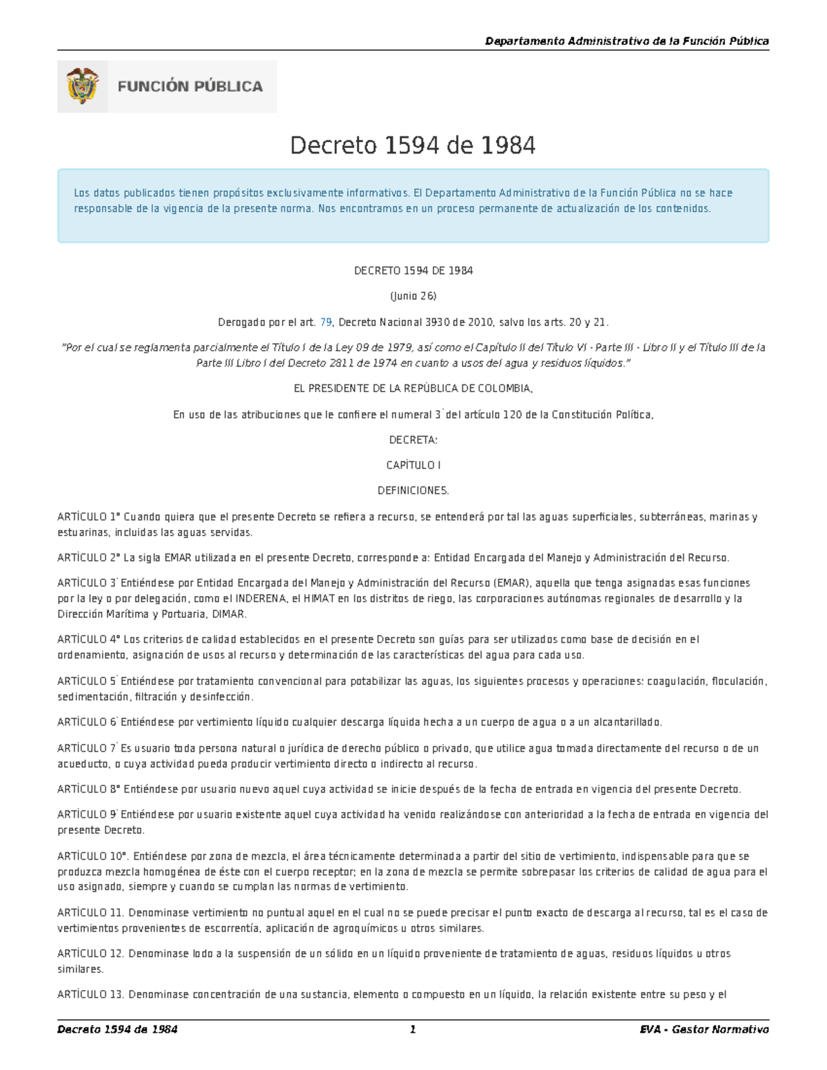 Decreto 1594 De 1984 Decreto 1594 De 1984 Los Datos Publicados Tienen