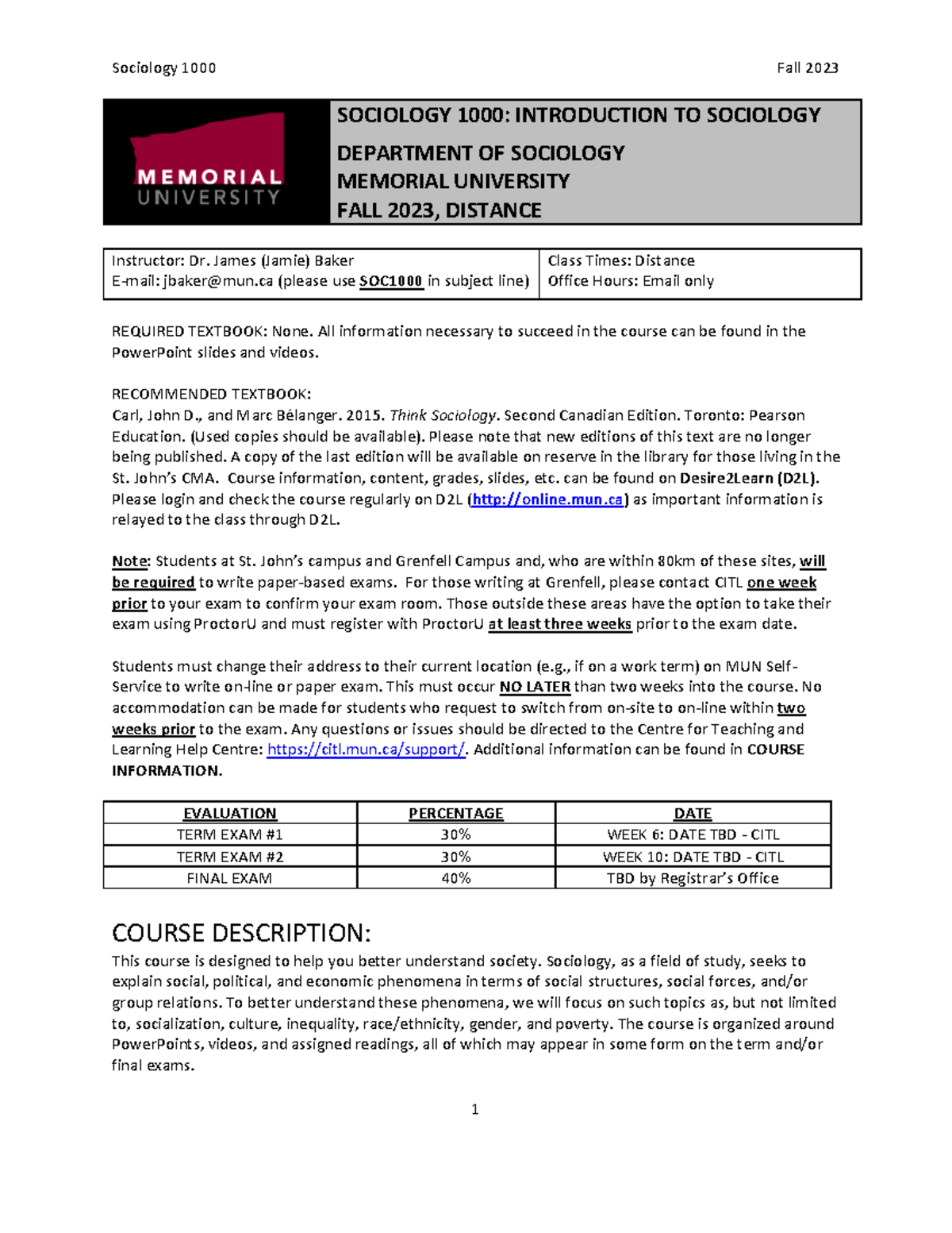 Sociology 1000 FALL 2023 Syllabus Final - SOCIOLOGY 1000 : INTRODUCTION ...